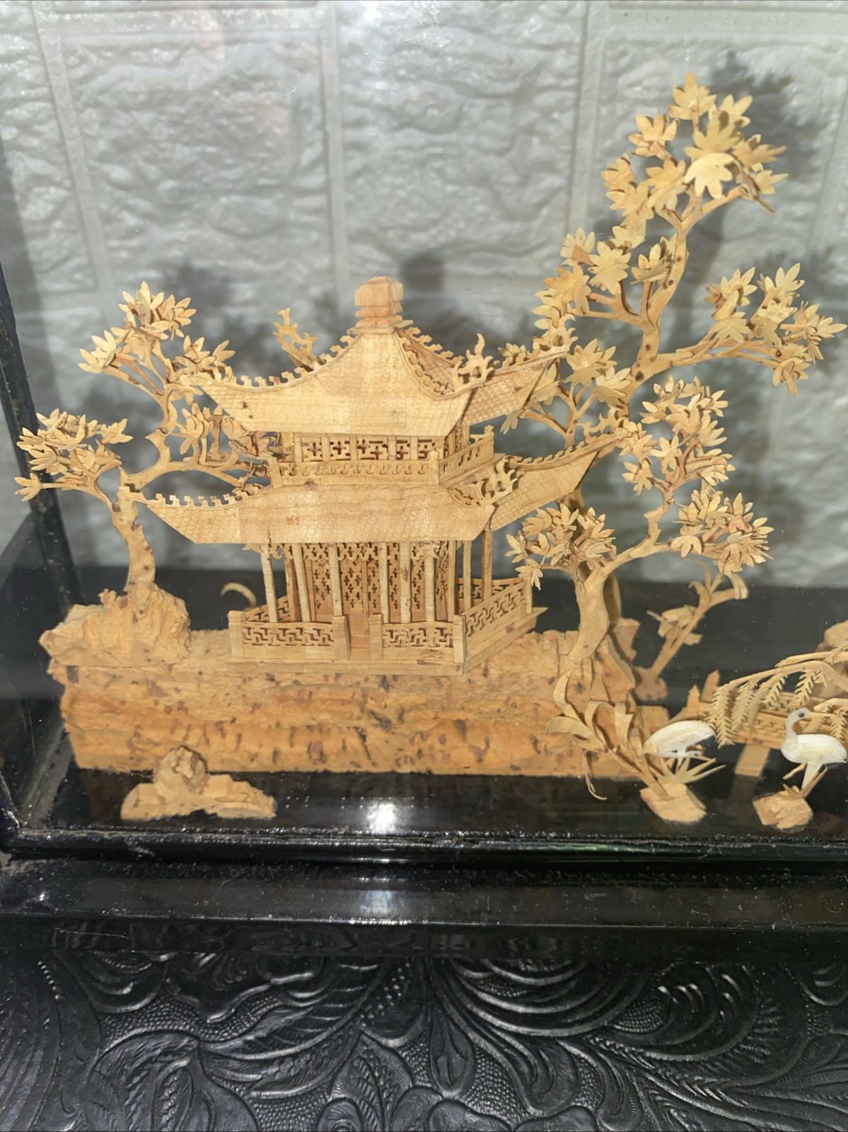 Vintage Chinese SanYou Diorama Handmade Cork Carvings Of Cranes Pagoda & Trees
