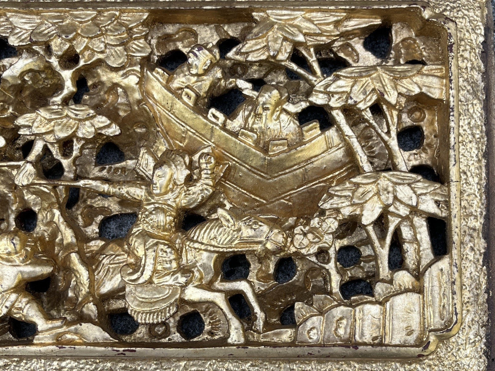 Antique Asian Chinese Gold Gilded Carved Warrior Wood Panel