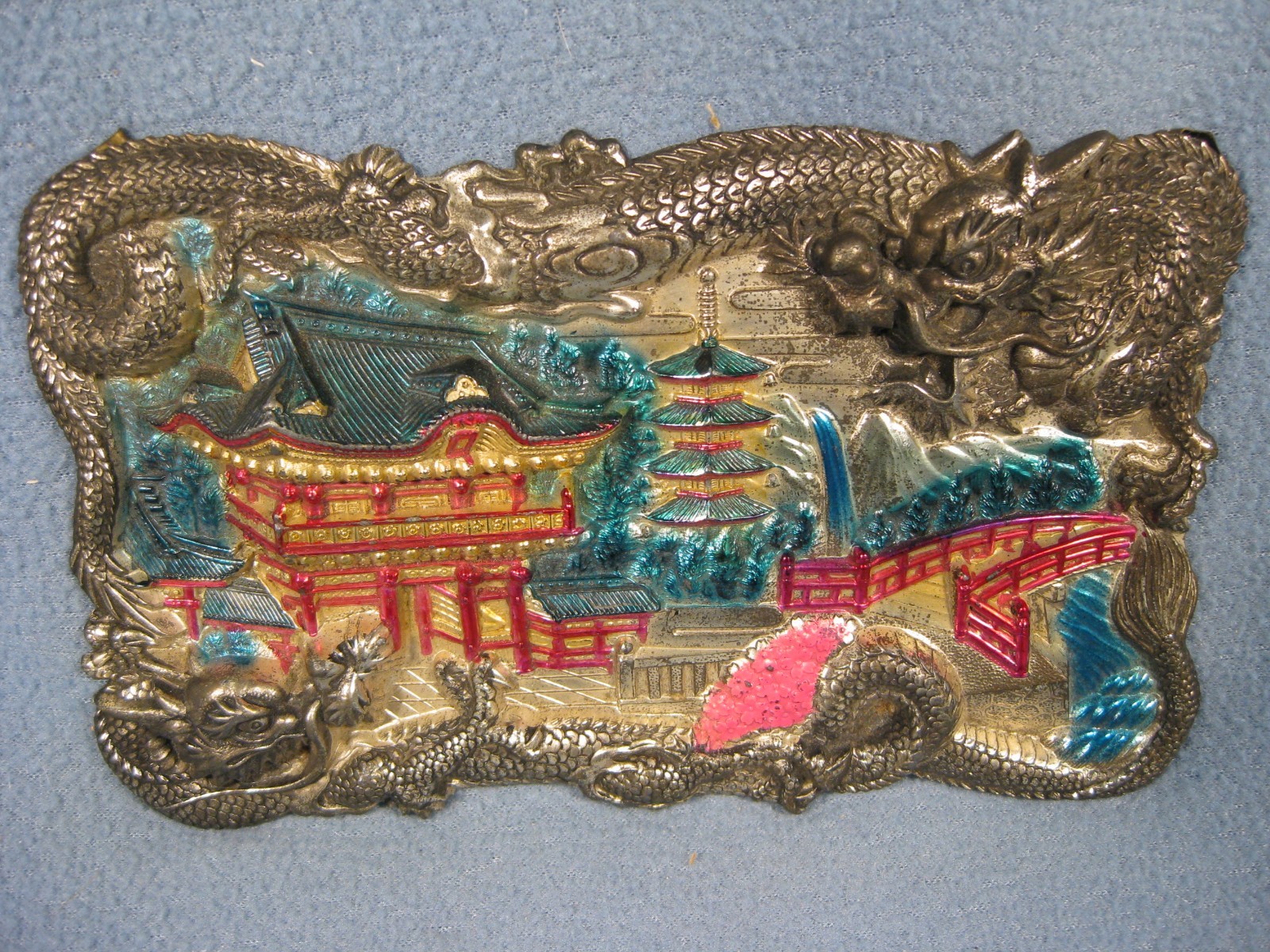 Vintage Chinese Wall Art Jewelry Box Lid with Dragon’s Antique 7″L X 4 1/2″