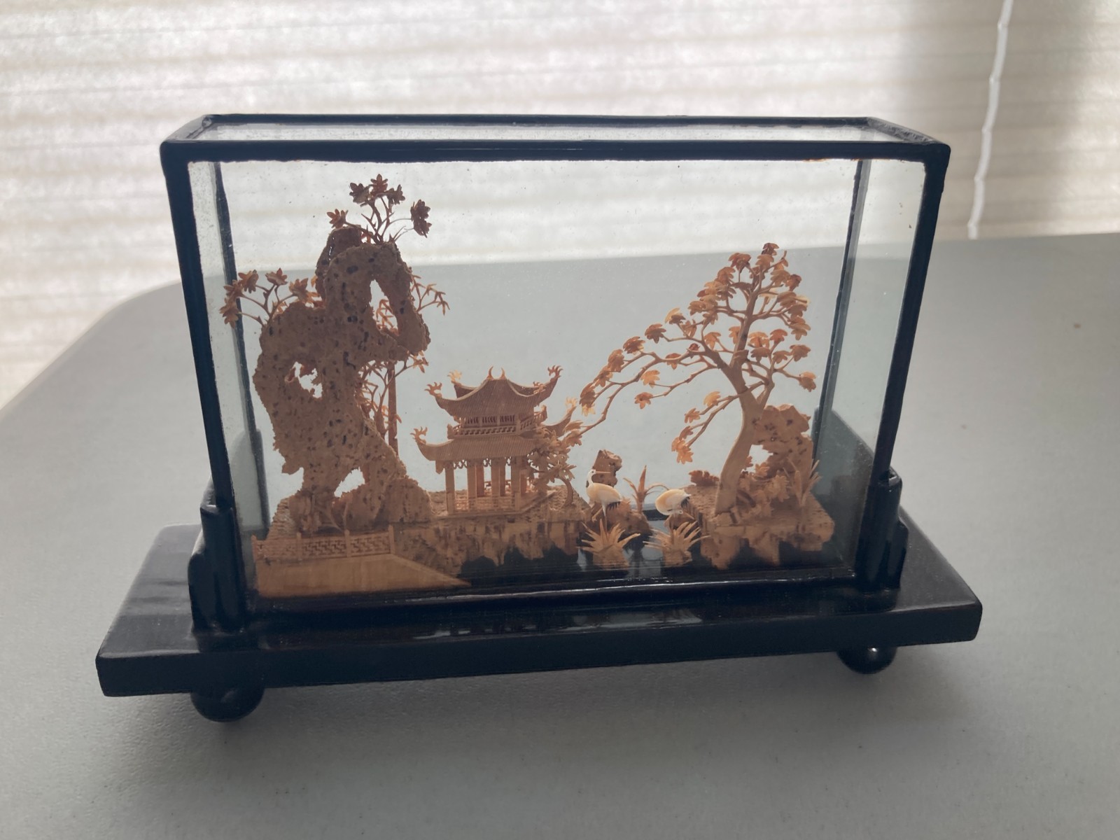 Hand Carved Cork Diorama Chinese Landscape Pagoda Scene Glass Case