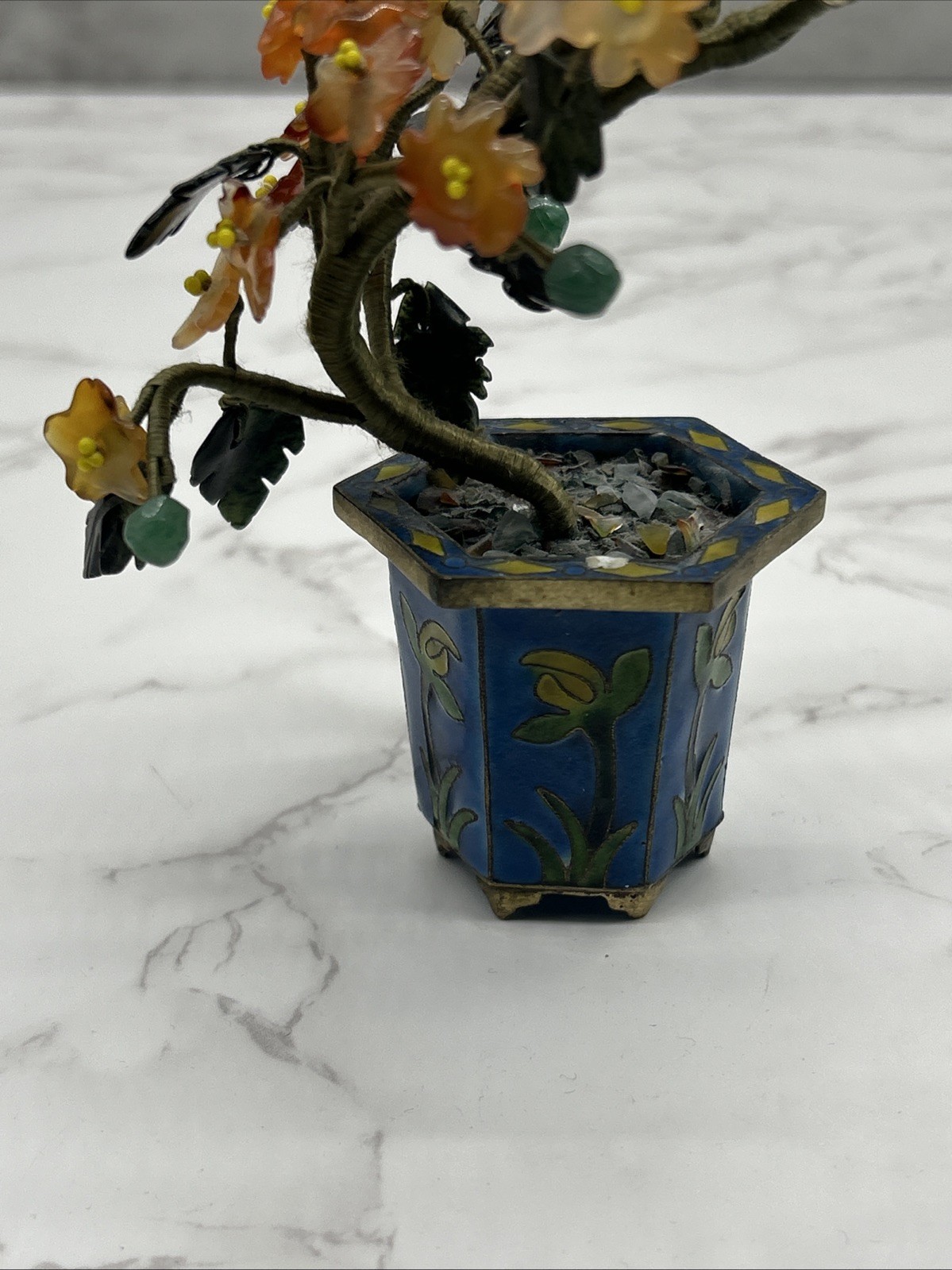 Chinese Carved Jade Agate Carnelian Quartz Flowers Bonsai Tree Cloisonne Enamel