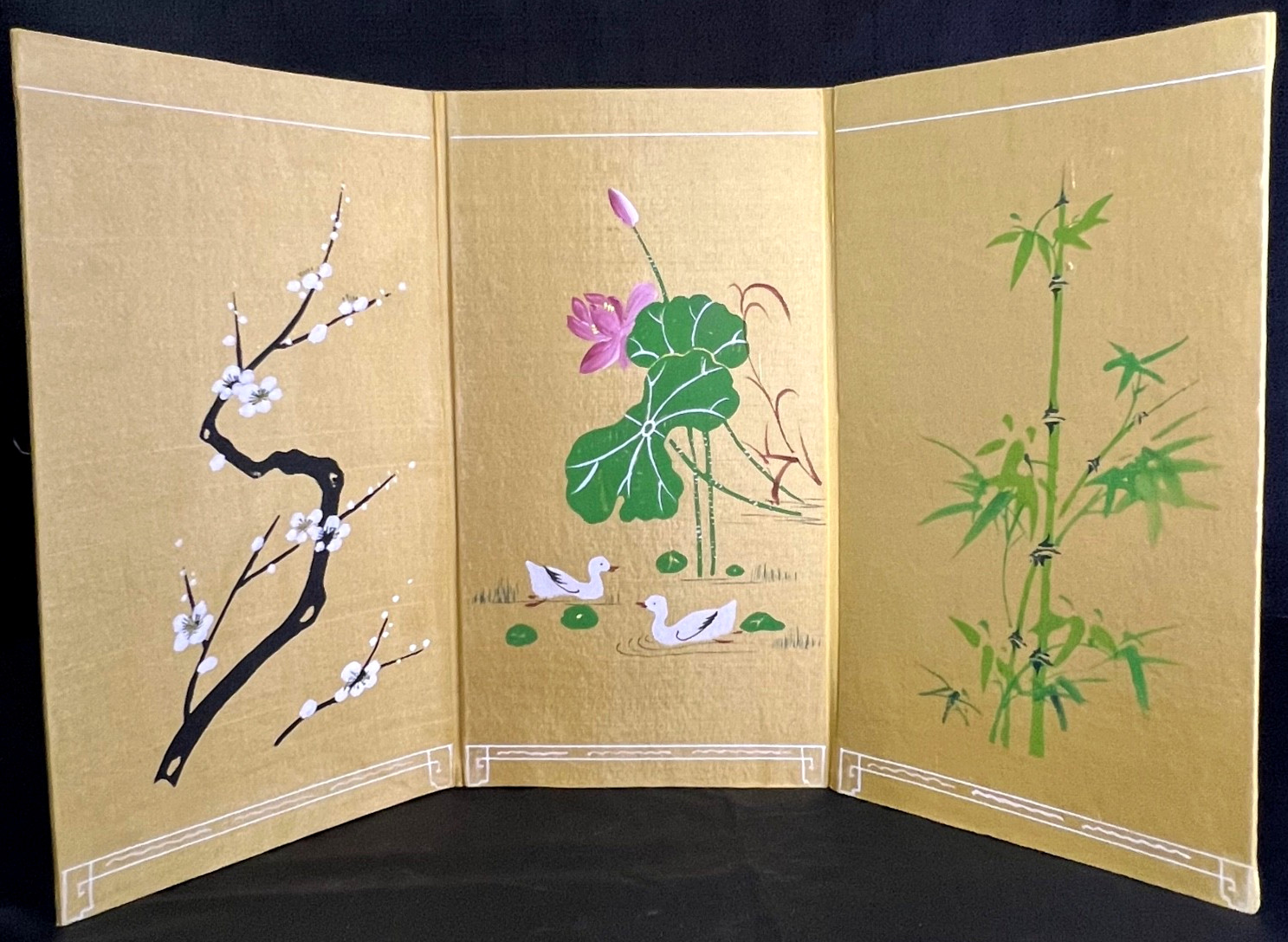 VTG 3 Panel Table Top Folding Screen Painting Blossom Ducks Bamboo China 17.5″L