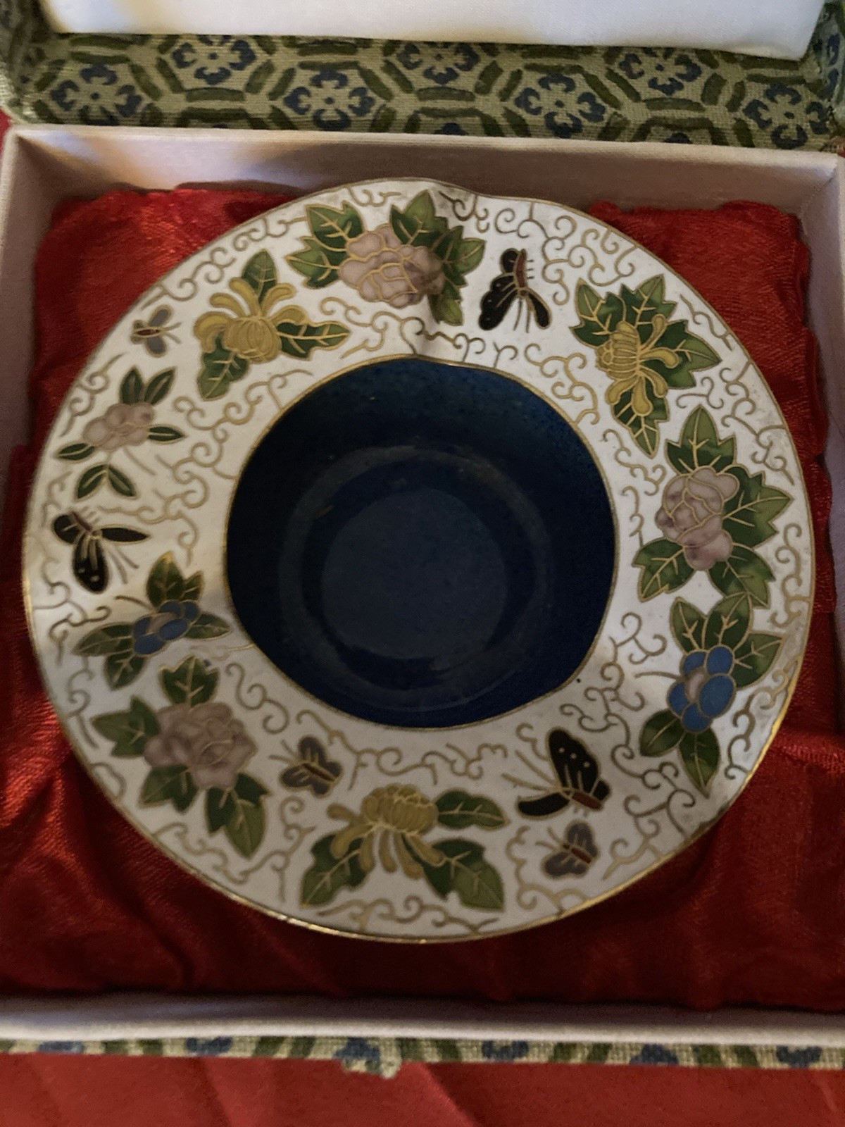 Vtg Chinese Birds & Floral Cloisonne Enamel Brass Cobalt Blue Ashtray W/Box