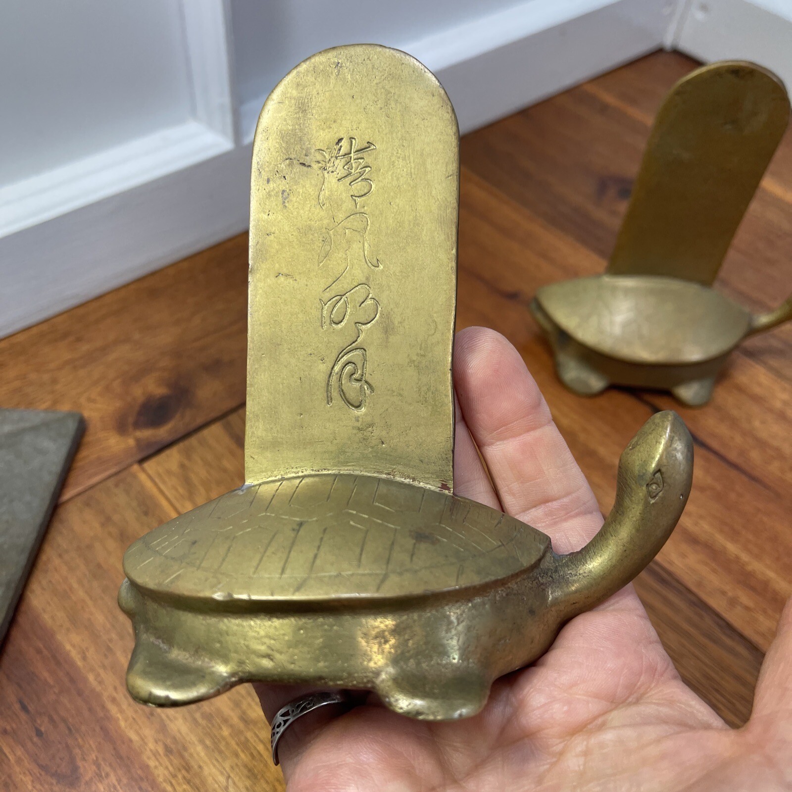 Pair Vintage Chinese India Solid Brass TURTLE Bookends Intricate Carved Details