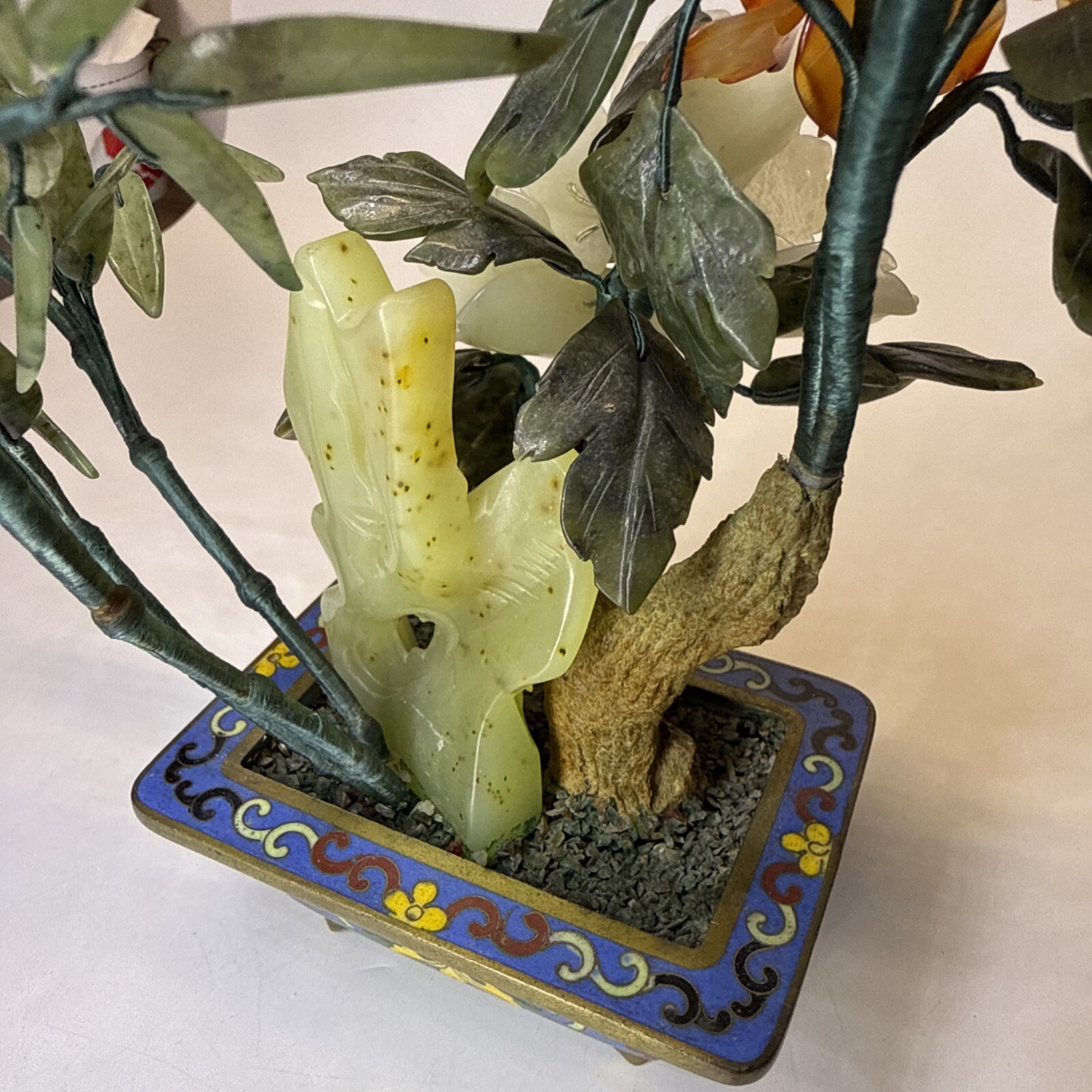 Vintage Chinese Qing Dynasty Turquoise Bonsai Tree in Cloisonné Planter Pot