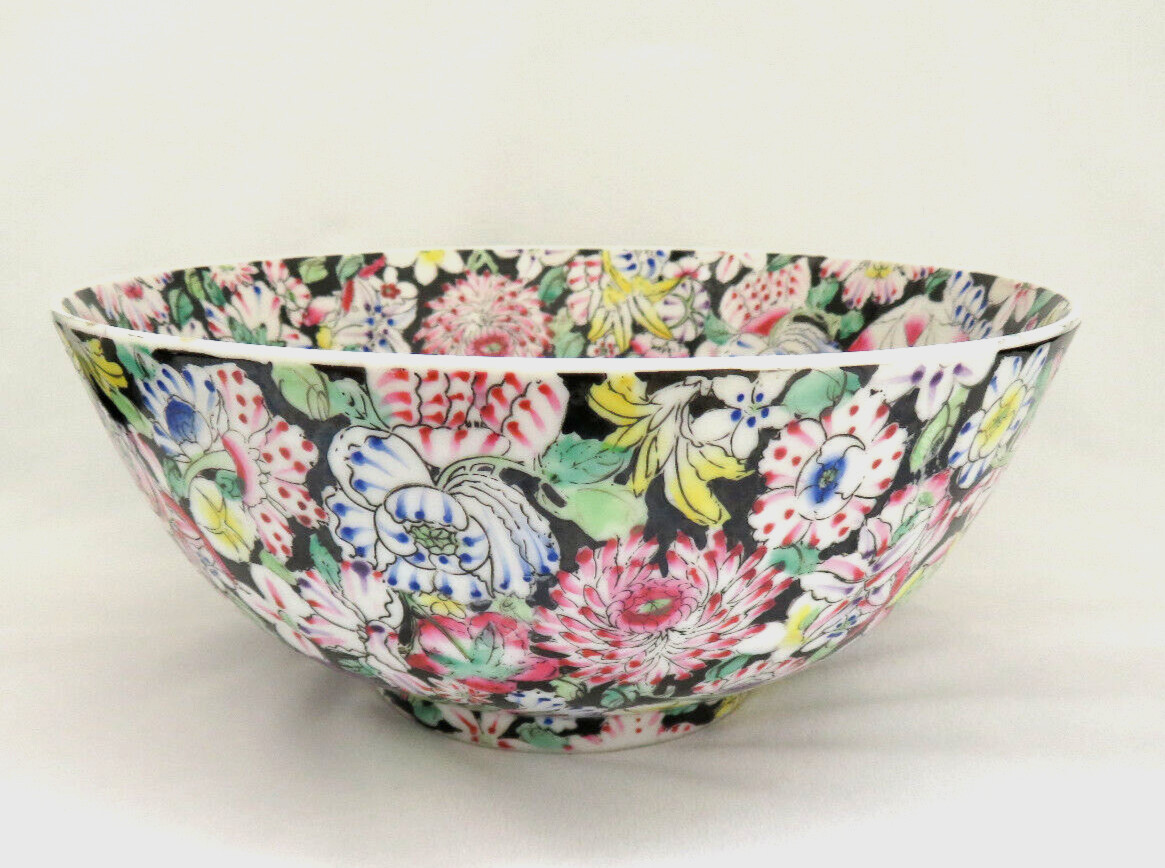 Famille Rose Mille Fleur Black Noire Thousand Flowers Centerpiece Bowl 10″ D