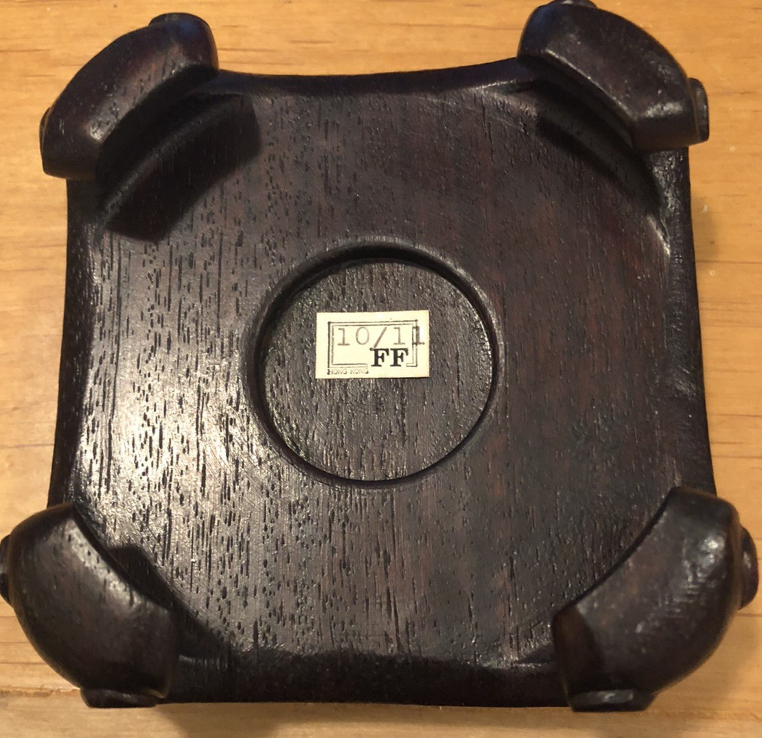 Vintage Chinese Round Brown Wood Stand w/Square Scroll base 2 1/2″ diam top S30