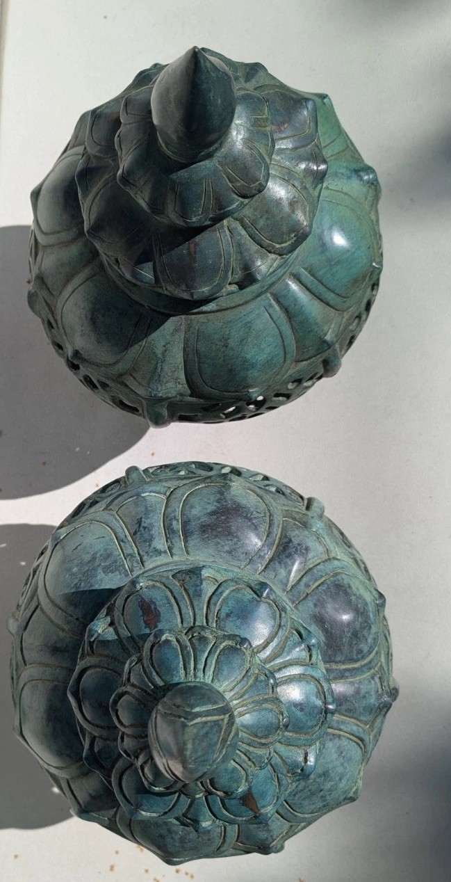 Pair Of XL Rare Vintage Chinese Heavy Duty Bronze Incense Burners Candle Holders