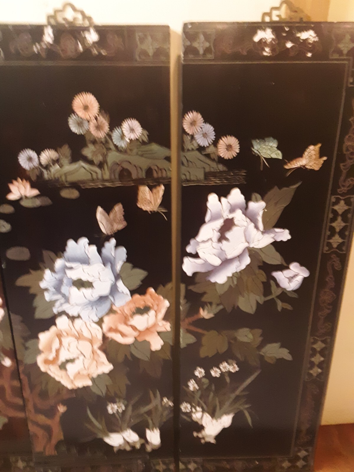 Vintage Black Lacquer Chinese Wall Decor- Large- Set 4-Birds, Flowers