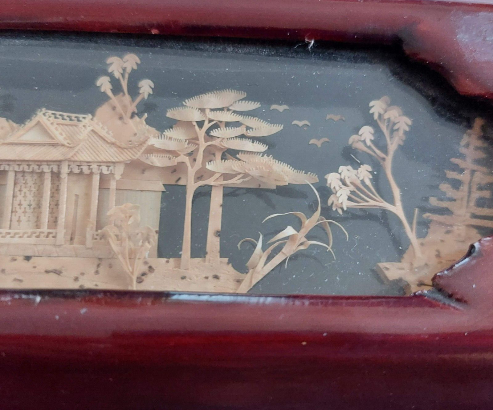 VTG San You Asian Jewelry Wood Box Diorama Cork Art Pagoda Scene Brass Lined