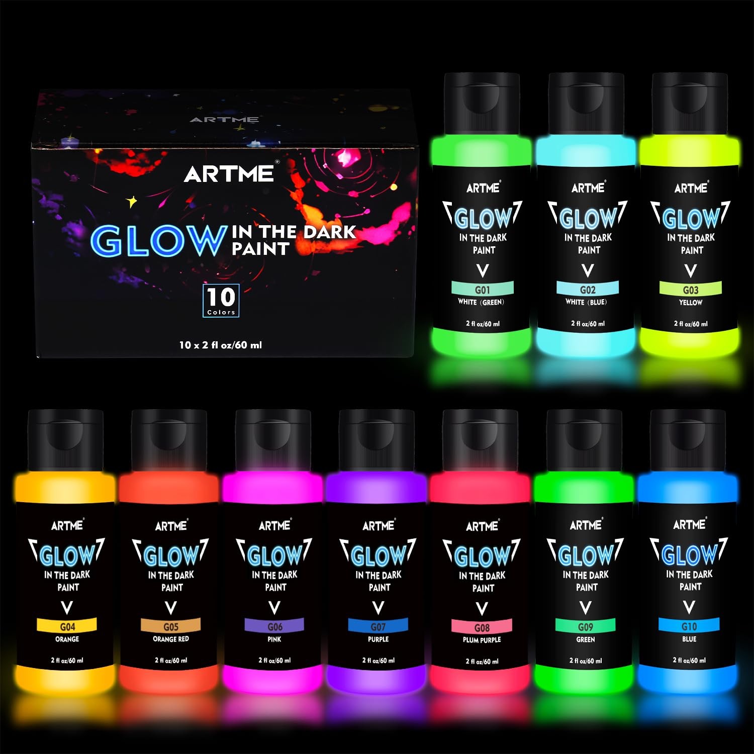 ARTME Glow in The Dark Paint, 10 Bright 2 Fl Oz (Pack of 10), 10 Colors