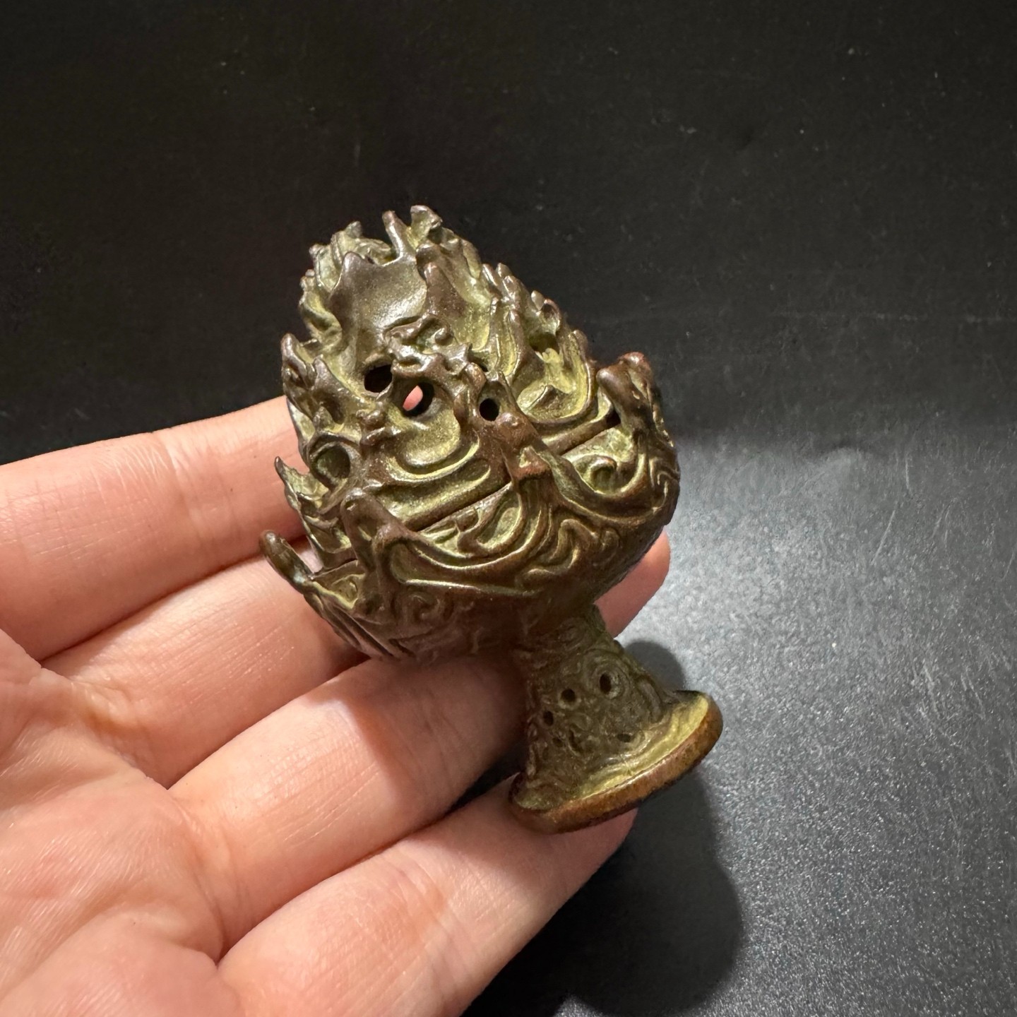 Patinated Bronze Mini Boshan Incense Burner Chinese Antique Hollow Censer Orname