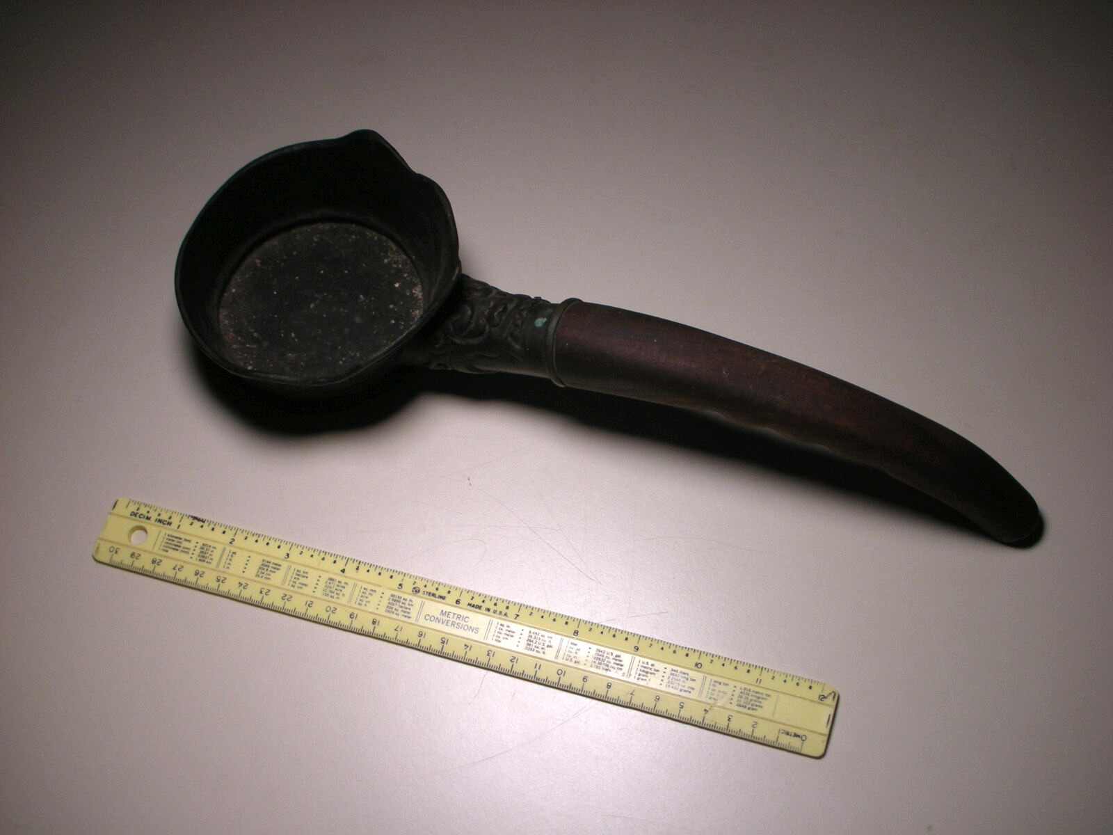 Vintage Chinese Brass Metal Pan Silk Iron with Long Wood Handle (L: 14.5″)