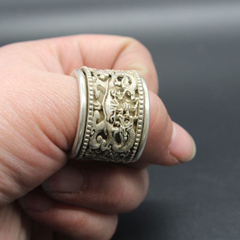 Vintage Rotating Dragon Thumb Ring, Antique Silver-Plated Alloy