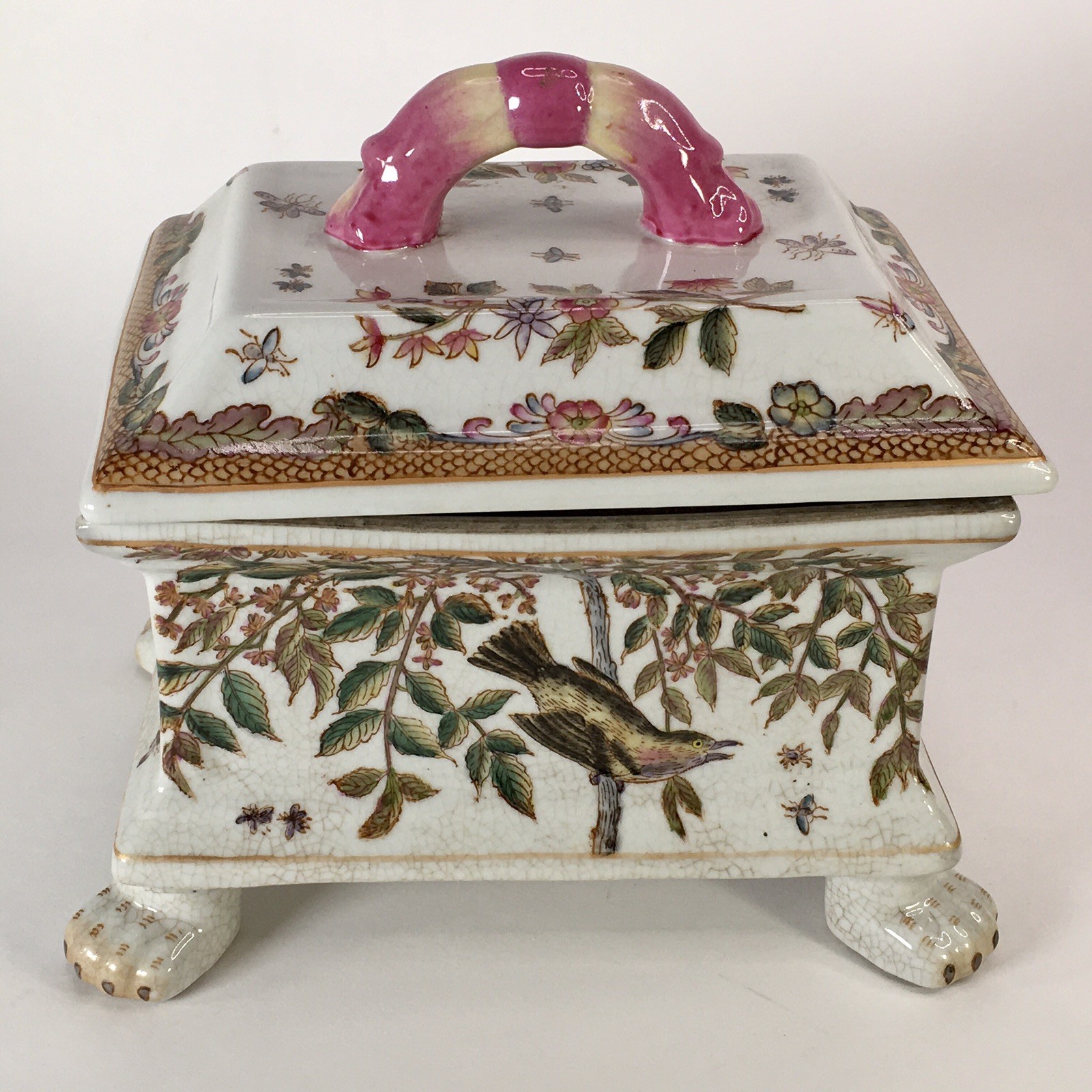 Vintage Hua Ping Tang Zhi Porcelain Chinese Bird Trinket Box Hand Painted