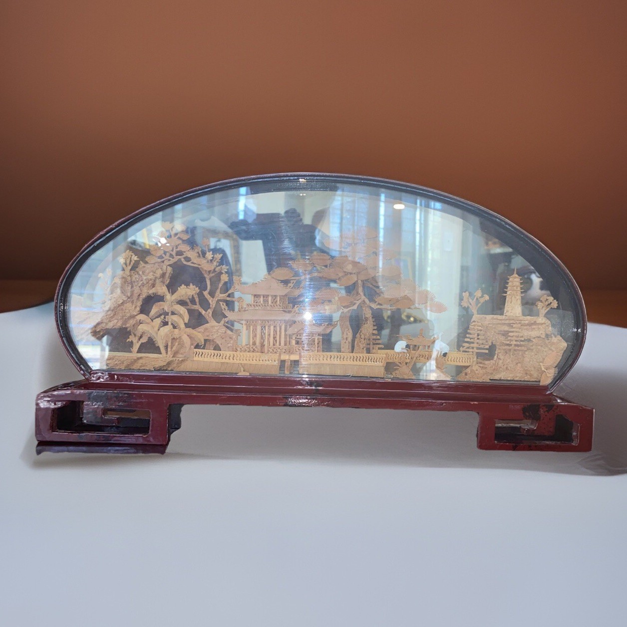 Vintage Large Chinese Cork Art In Glass Box Birds Garden Soothing Scenery 14” L