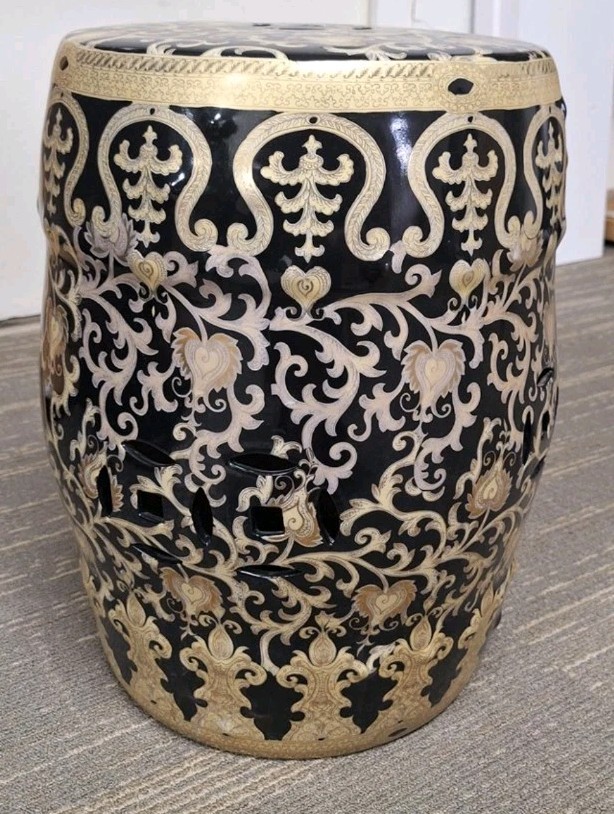 HOLLYWOOD REGENCY STYLE GARDEN STOOL-BLACK AND GOLD STAND-13″ x 18″H