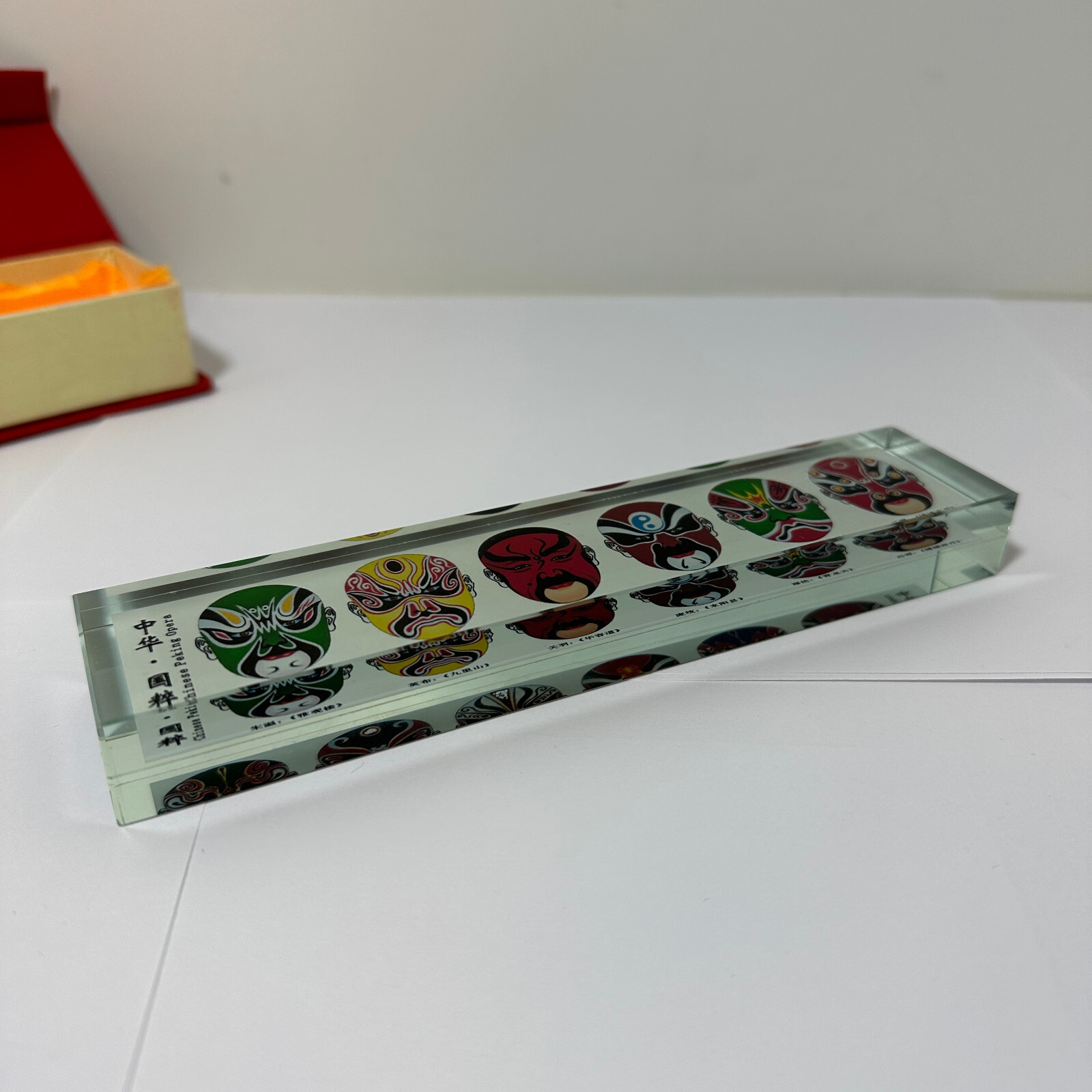Chinese Peking Opera Transparent 7″ Block With Faces With Box Used Free Shipping