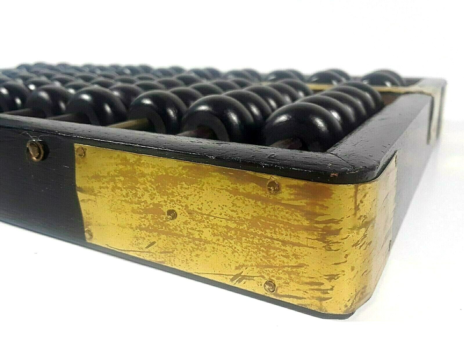 Vintage Abacus -11 RODS 77 BEADS Wood Black Painted Brass Accents Hong Kong