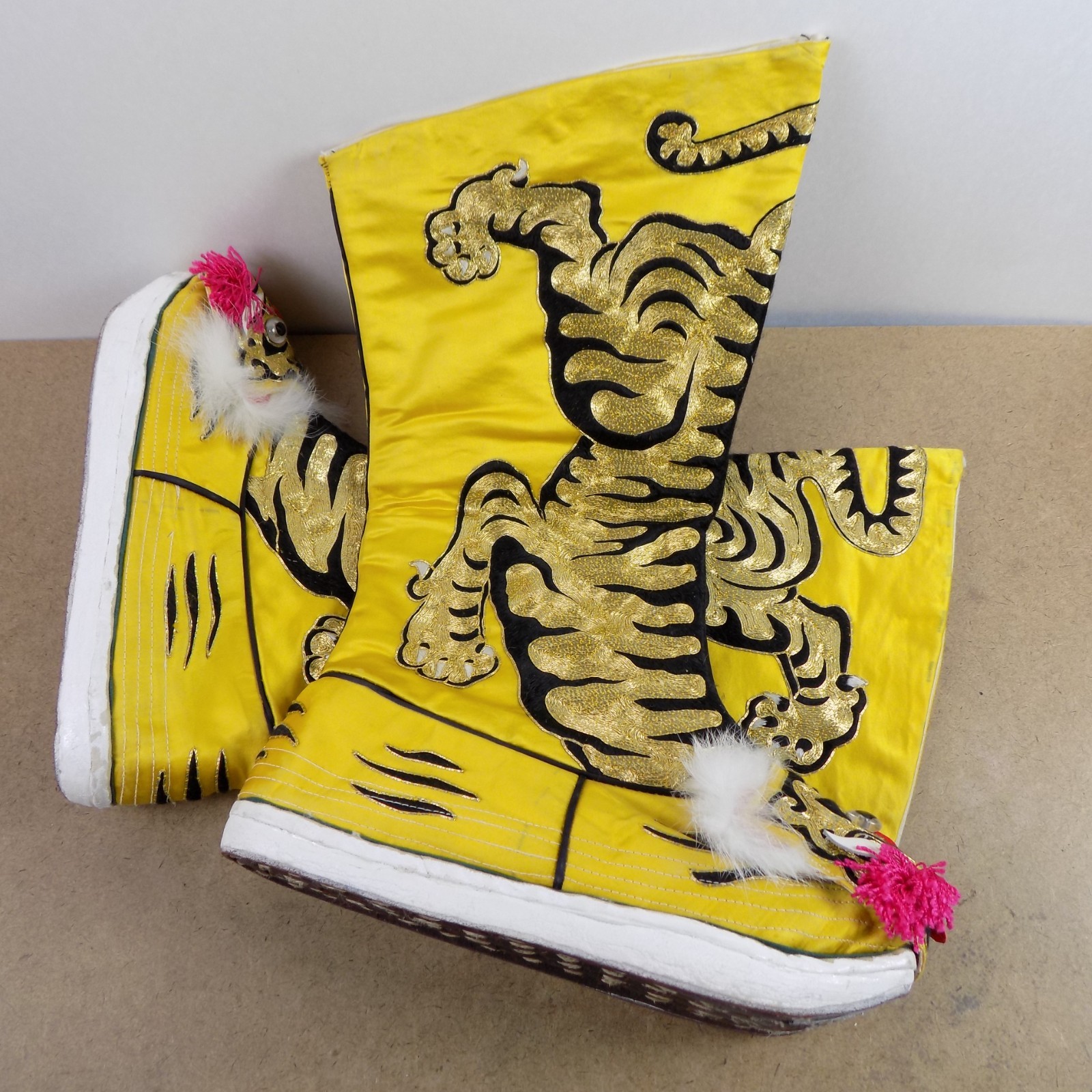 Pair of Vintage Chinese Opera Theater Tiger Shoes Boots 10.5″ x 3.25″ x 16″ VGC