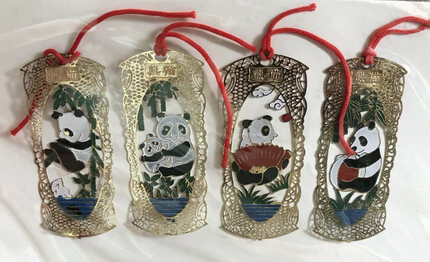 Oriental Asian Lot Of 4 Bookmarks W Panda Bears & Lucky Knot Wall Hanging VTG