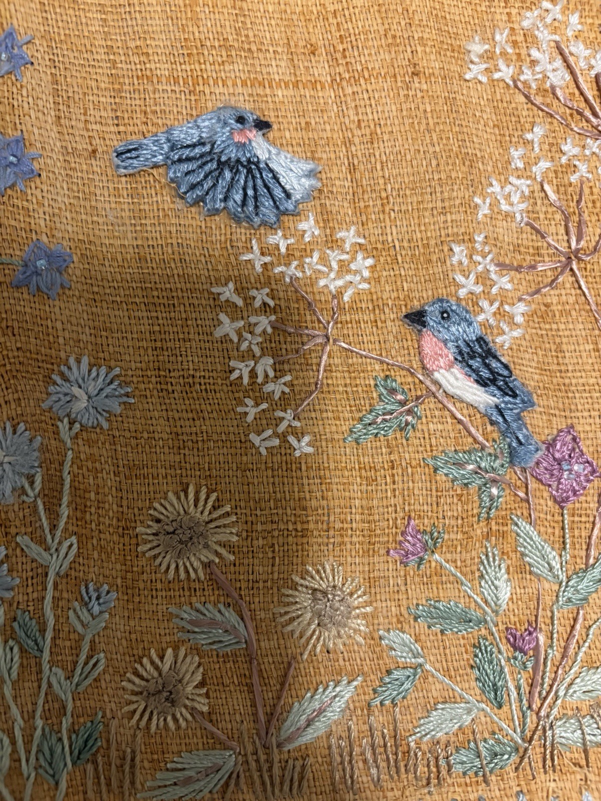Antique Asian Embroidered Burlap Blue Bird Floral Panel 11″ Micro Bead Hemstitch