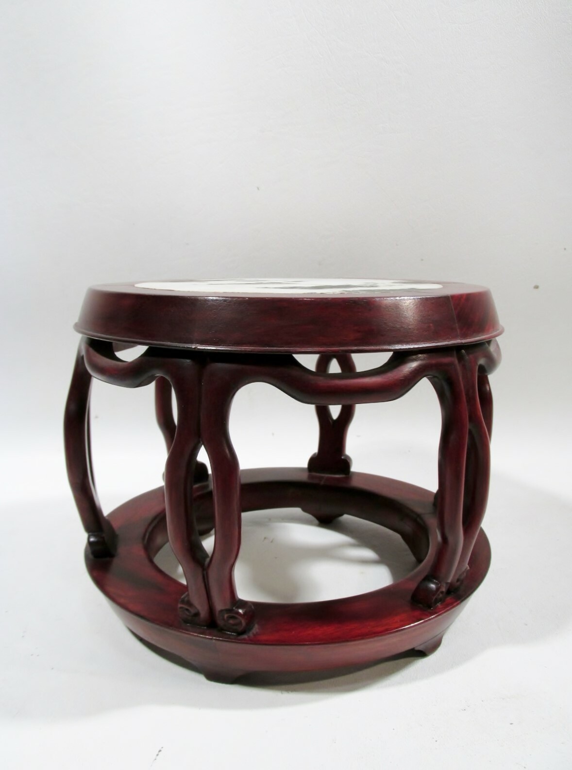 Old Chinese Carved Wood & Stone Small 8.5” Drum Table Stand Flower Vase
