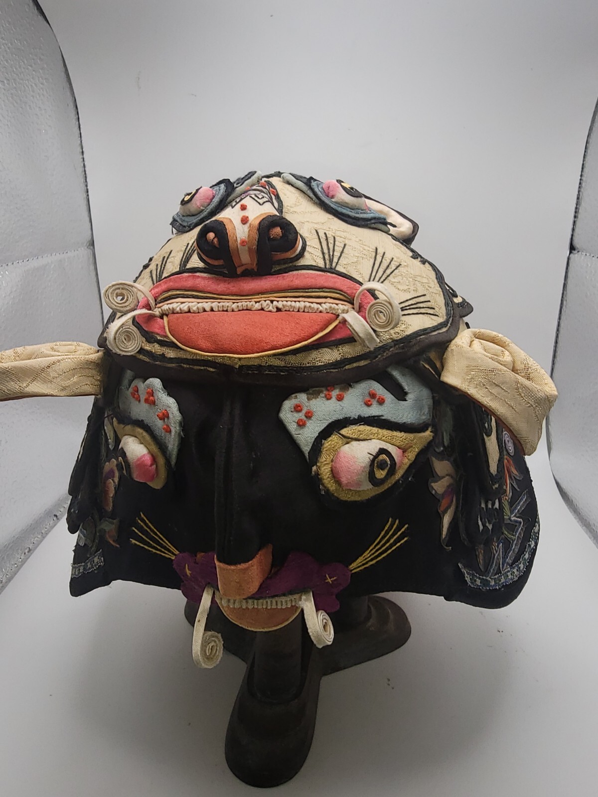 Antique Chinese Embroidered Baby Tiger Hat with Stand