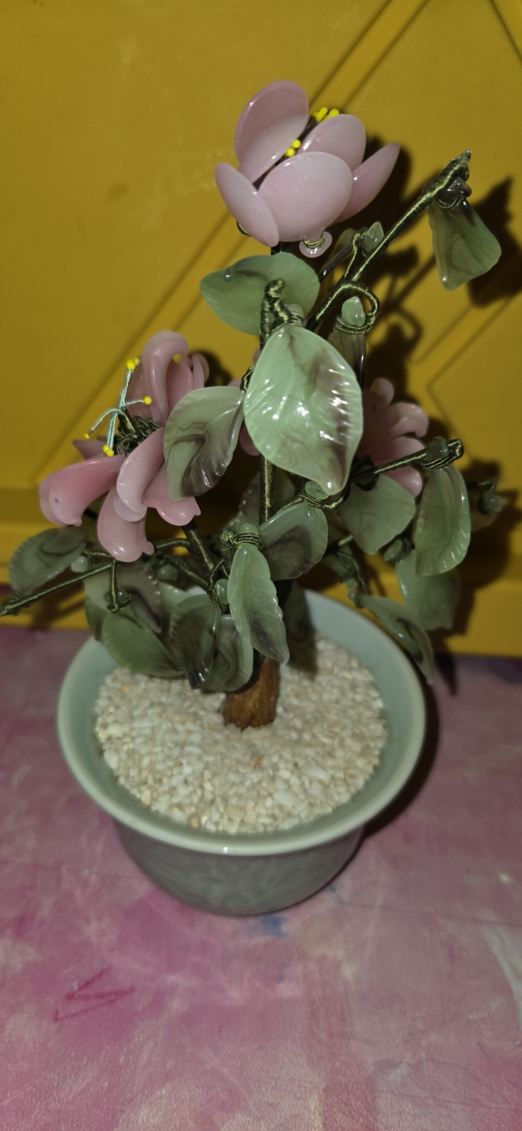Vintage Chinese Jade & Glass Bonsai Tree Pink Flowers