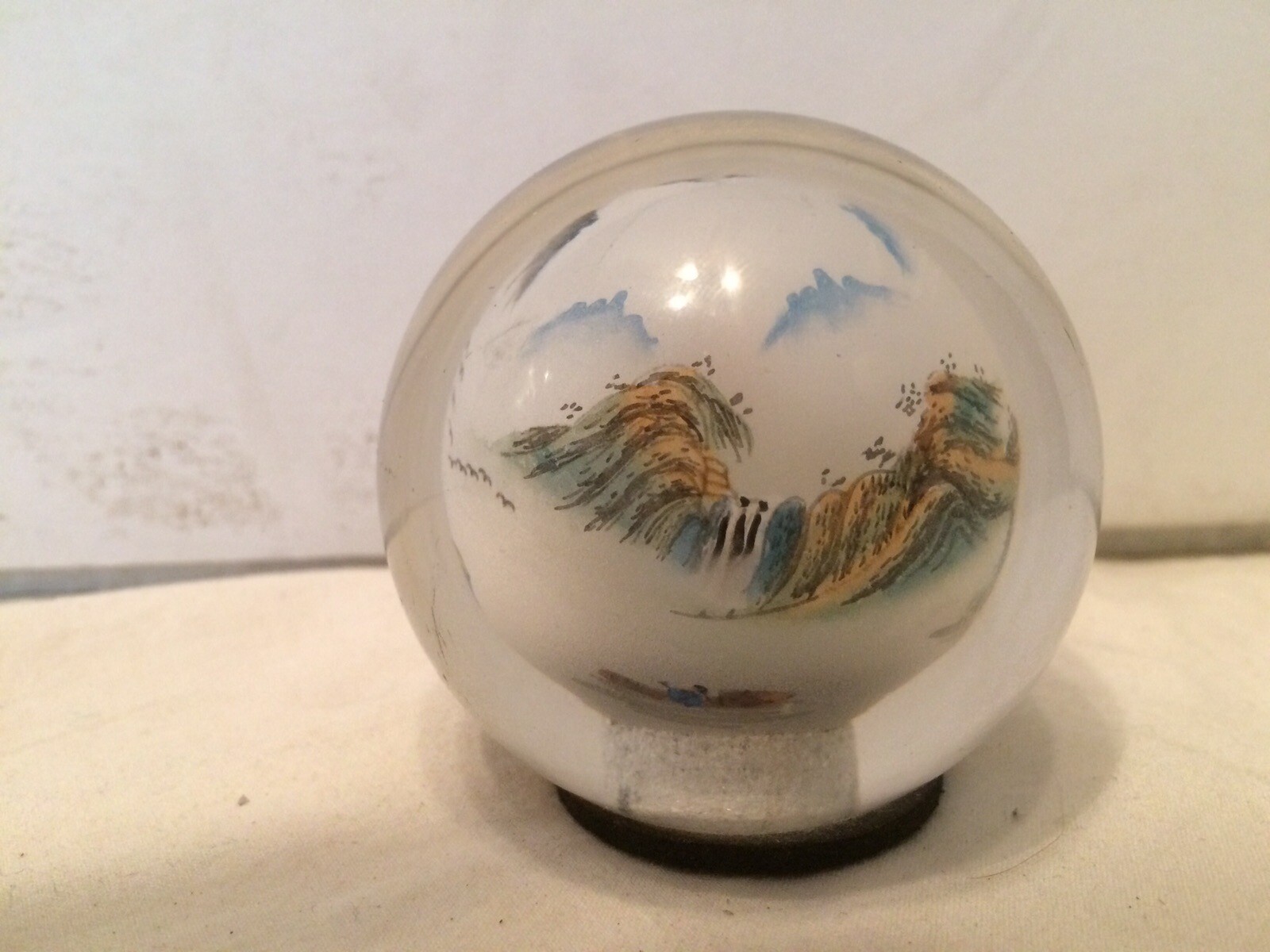 VTG Reverse Painted Glass Ball Sphere Paper Weight Oriental Asian Mountain Scene