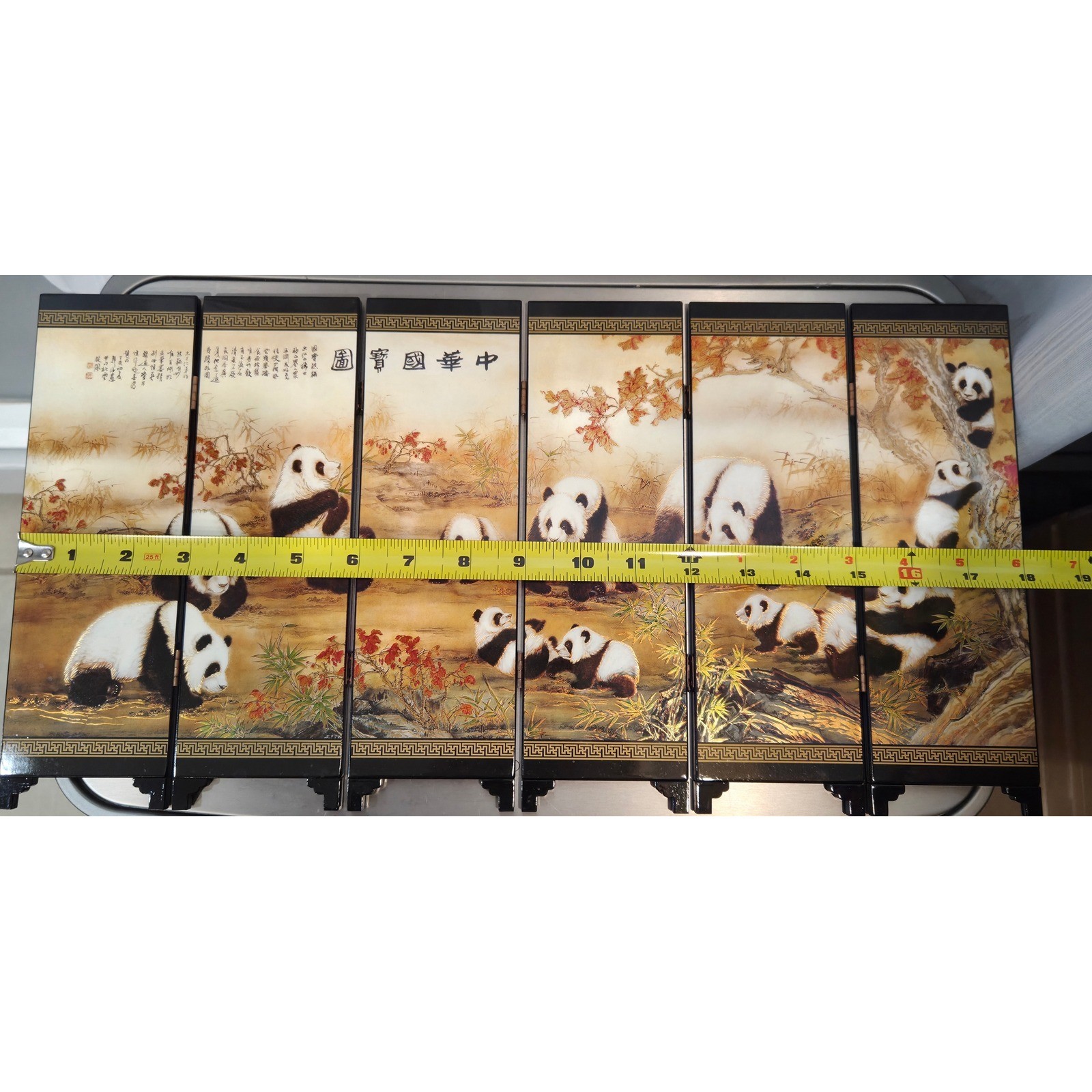 Vintage Chinese Lacquer 6 Panel Folding Mini Screen Panda Black Gold 9.5in x18.5