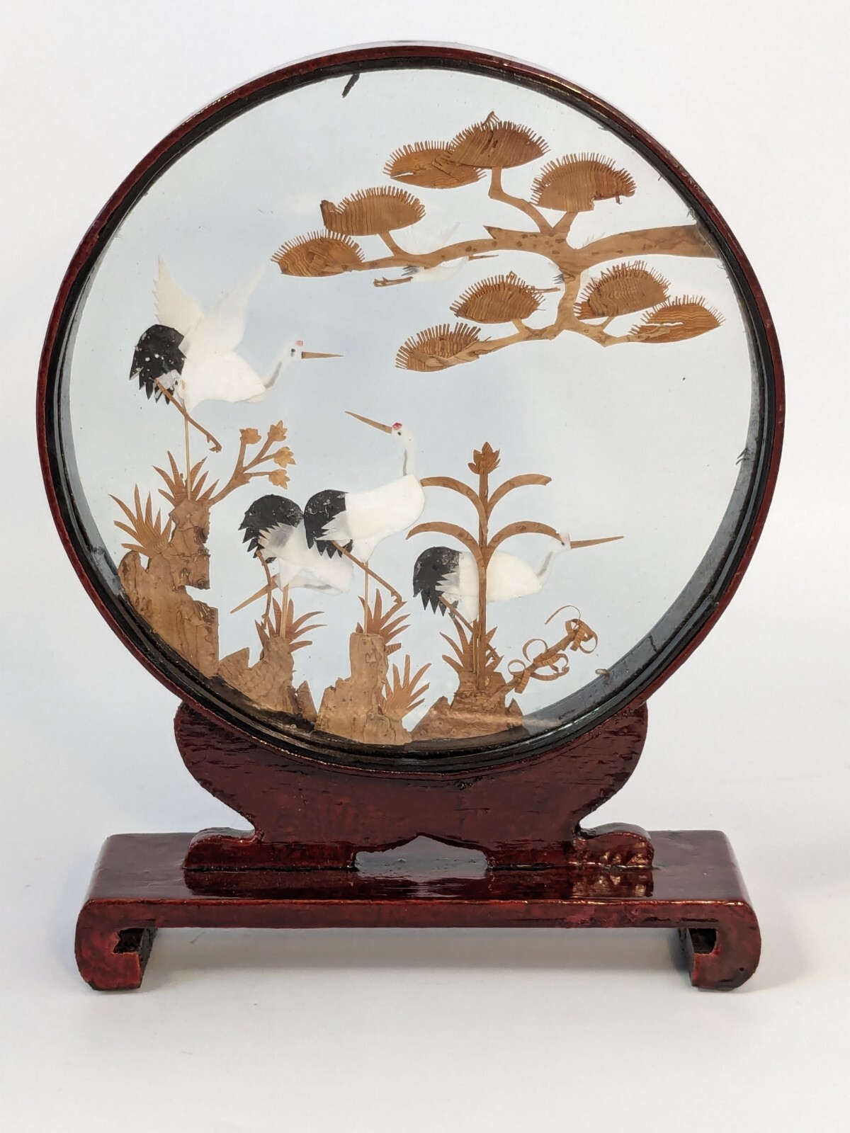 Chinese Cork Sculpture White Cranes Diorama Round Wood Frame