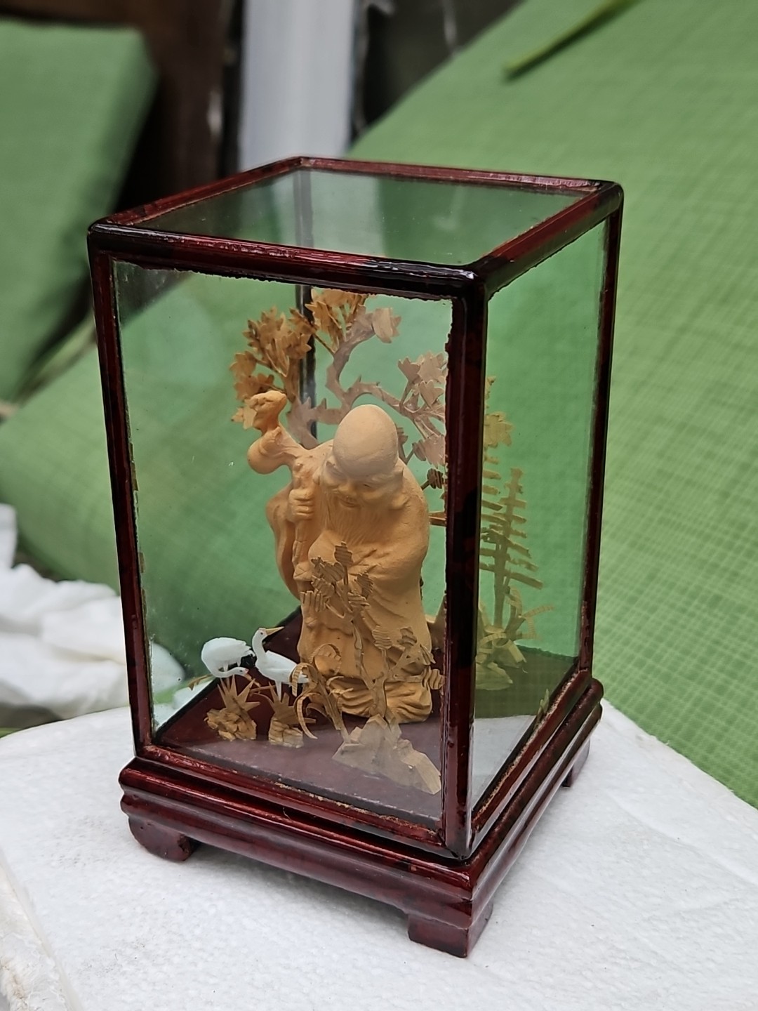 Chinese Cork Diorama Asian Crane Trees Vintage Art Carved Shou Xing Longevity 5″