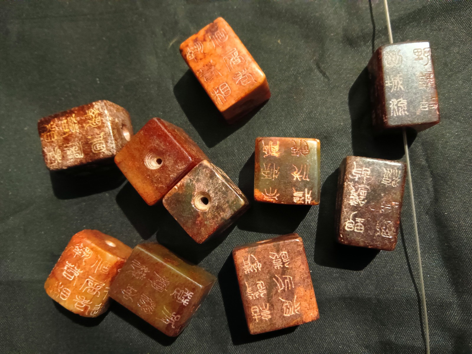 10 Pcs Unusual Chinese Old Jade Hand Carved *Poem* Square Cong Beads