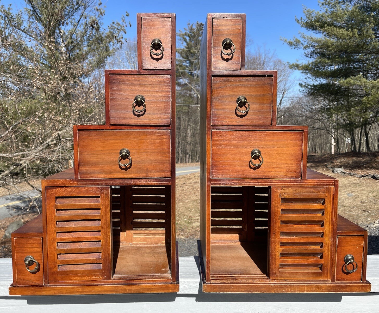Pair of Vintage 20th C. Dovetailed Tansu Step Wooden Shelves Asian Art