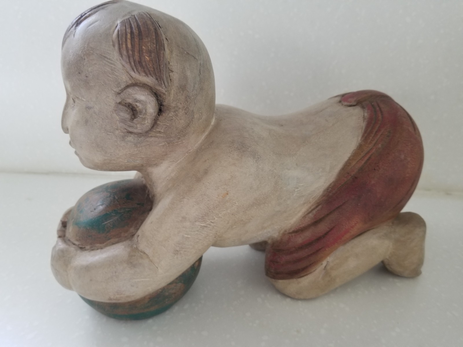 Vintage Chinese Opium Pillow Boy with Ball Solid Wood Headrest Hand Carved 9×7.5