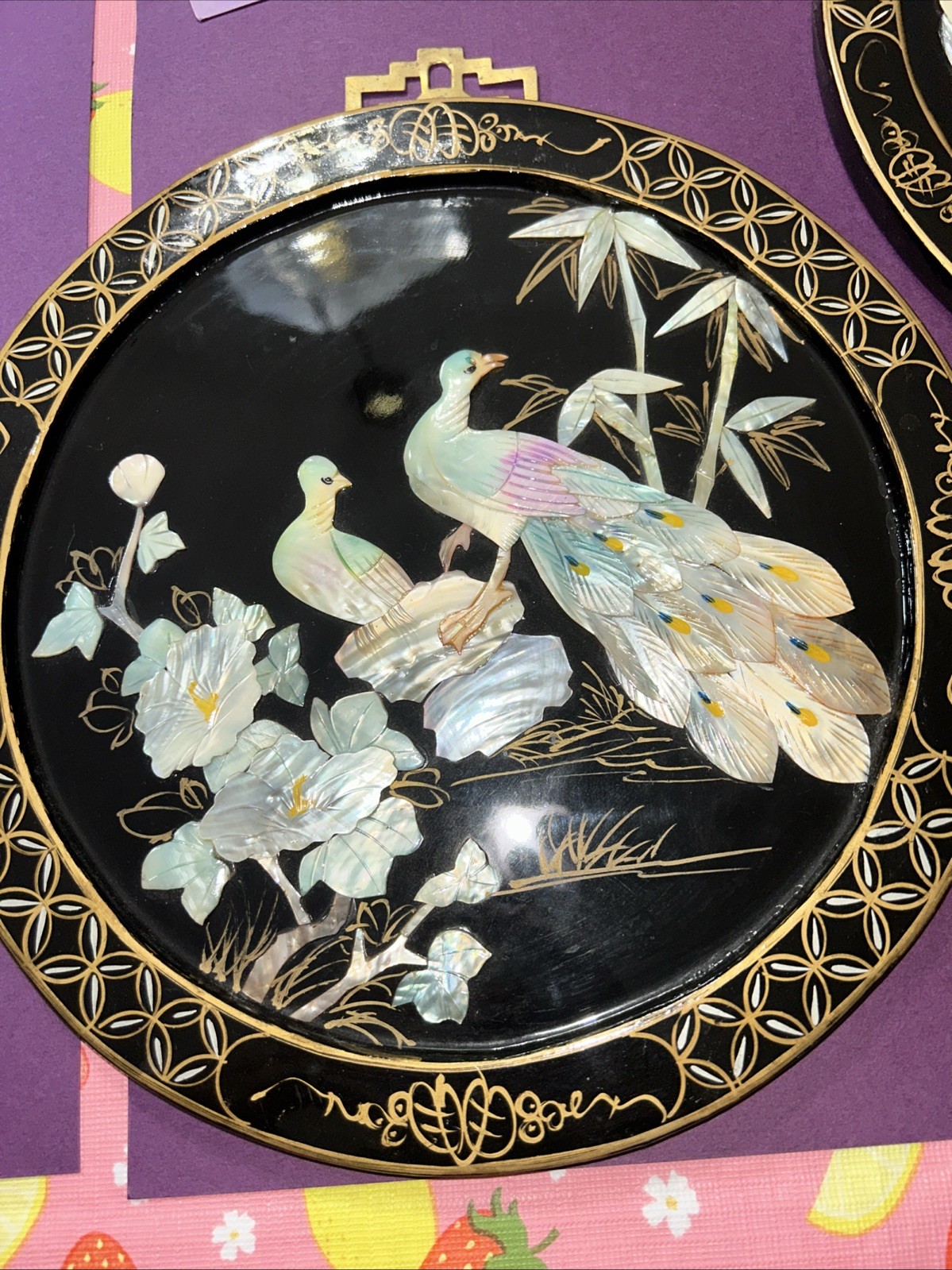 Vintage Chinese Lacquered Decorative On Wood Mother Of Pearl 10” Set Of 4 Used