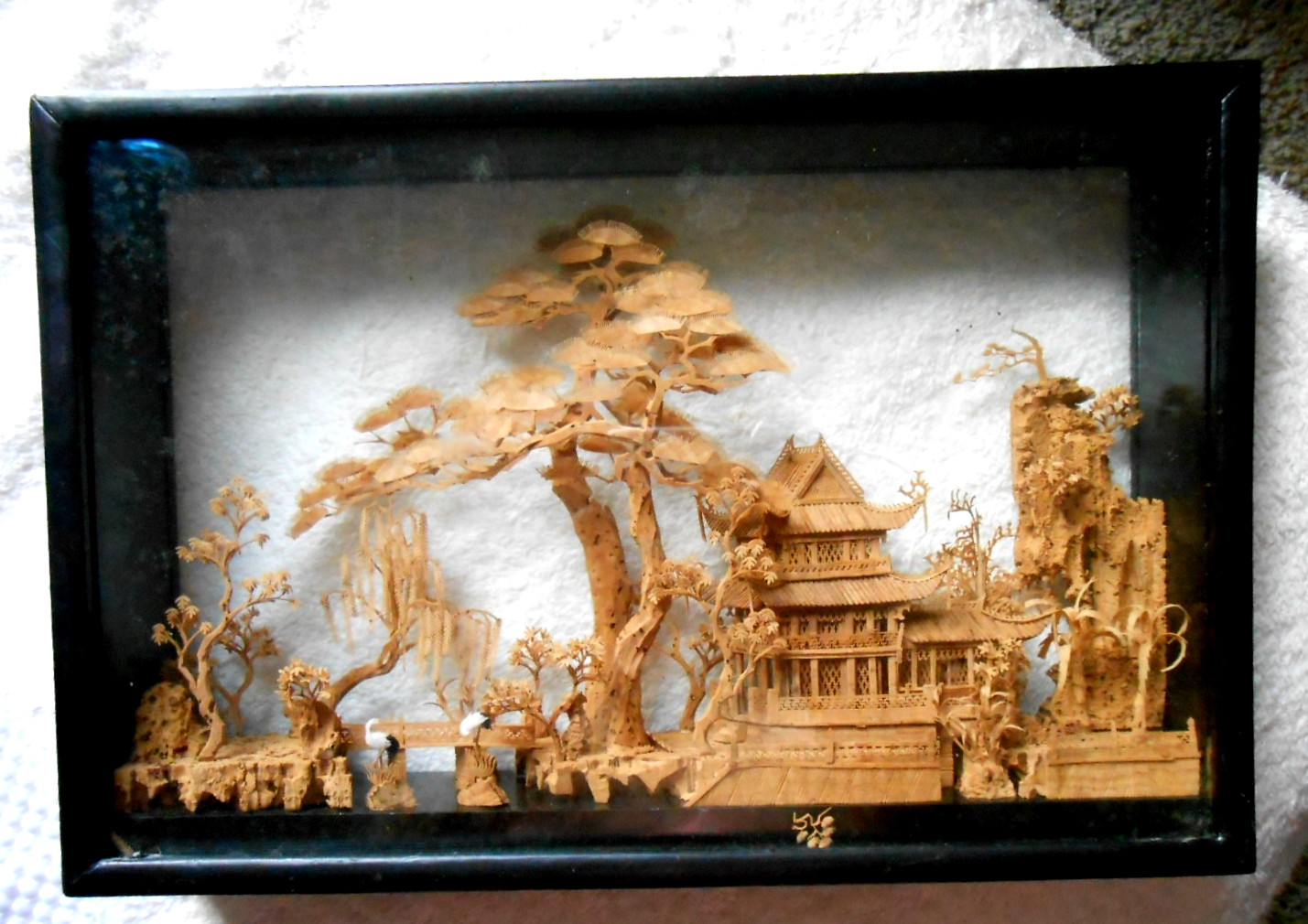 Asian Art Cork Carving Diorama Pagoda Art LARGE Vintage