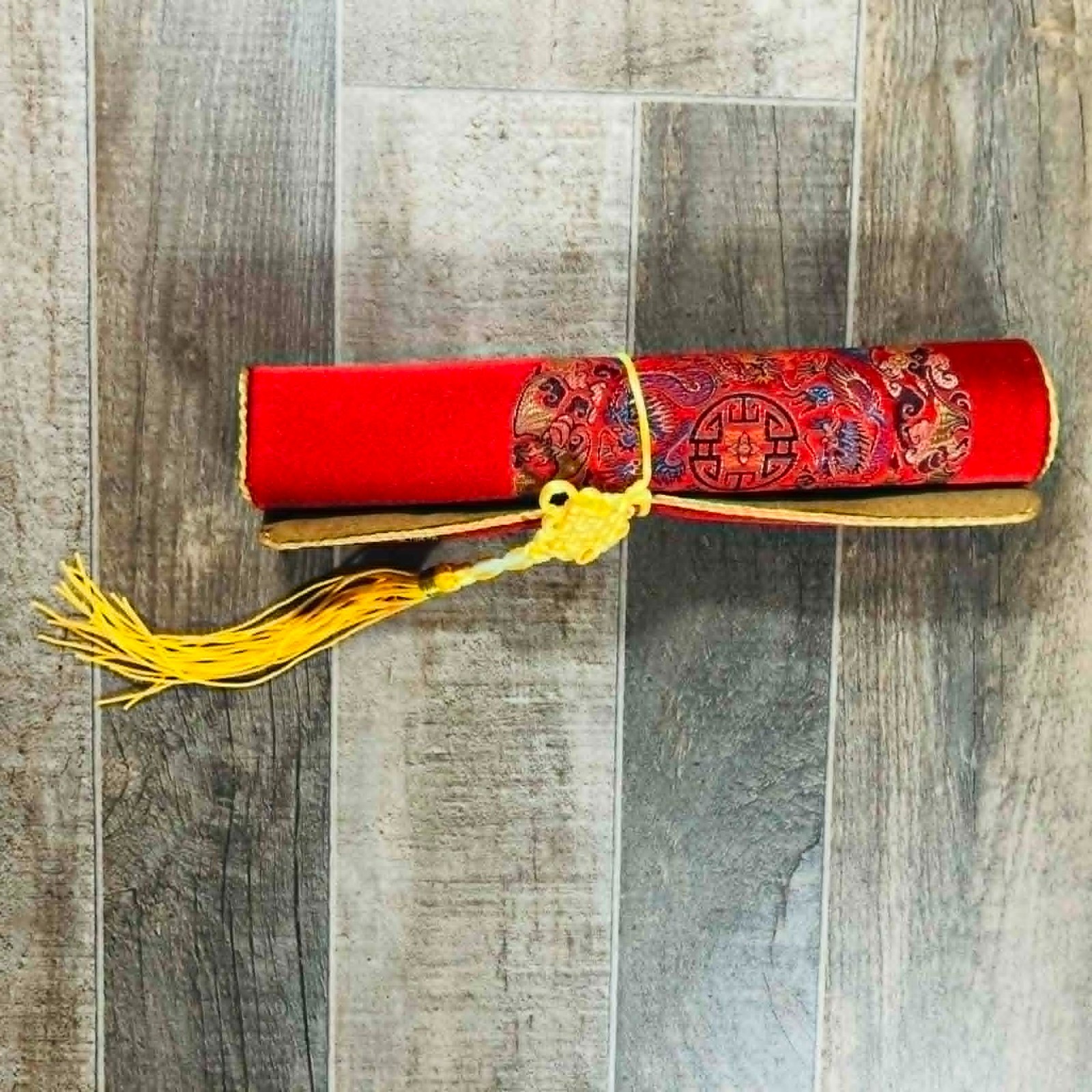 Traditional Chinese Silk Brocade Gift Set – Red Gold Notebook Mat Boxed Vtg