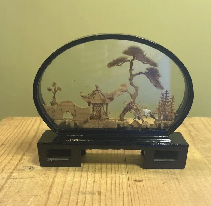 Vintage Chinese Wood/Cork Carving Diorama 6” Oval