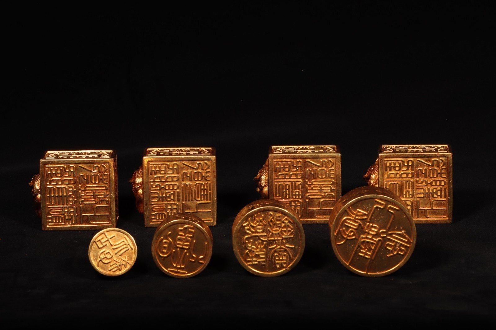 A Bronze 24K Gold Gilt Dragon Beast Seal Stamp Set