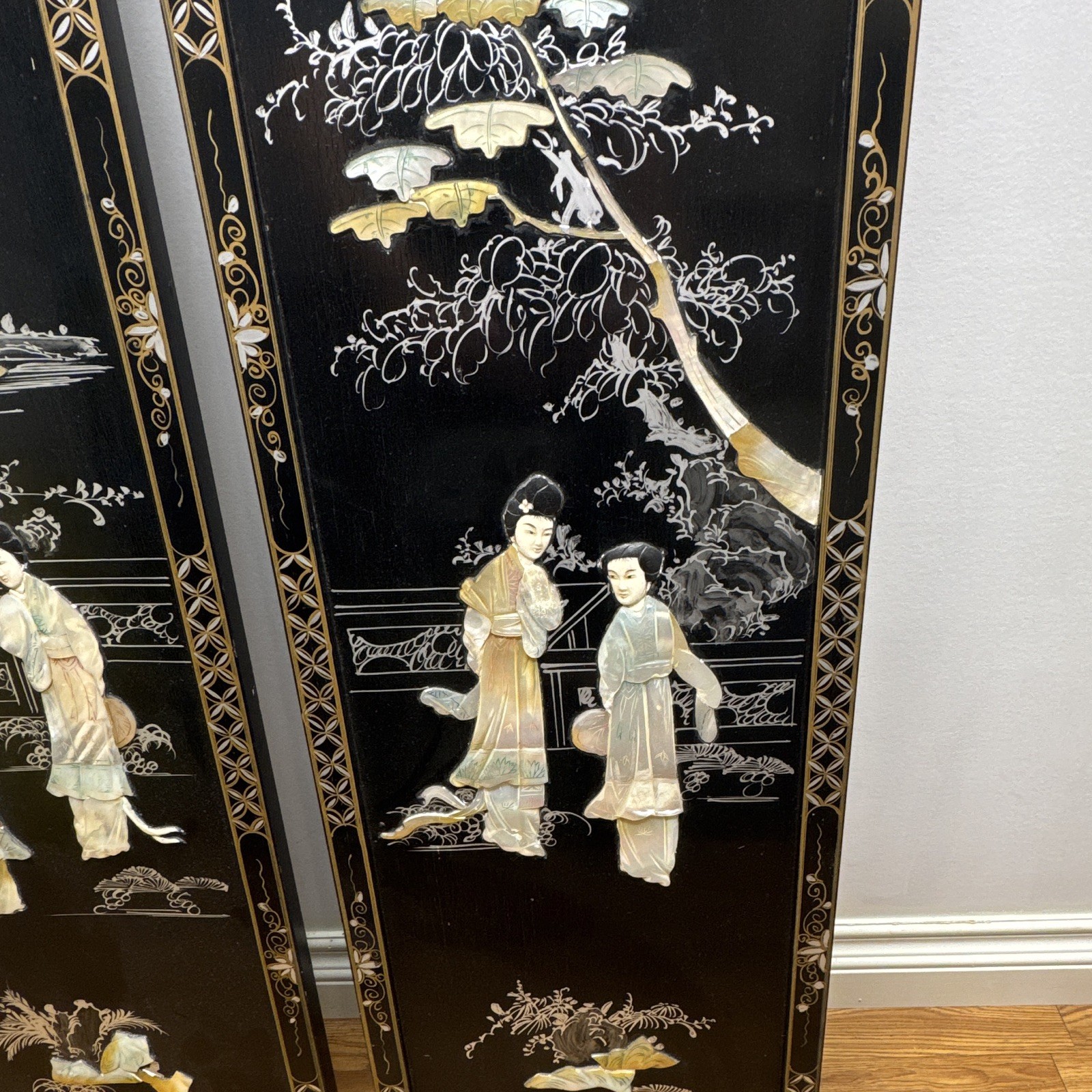 2- Vintage Oriental Geisha Asian 12″x36″ Wall Panels Blk Lacquer Mother of Pearl