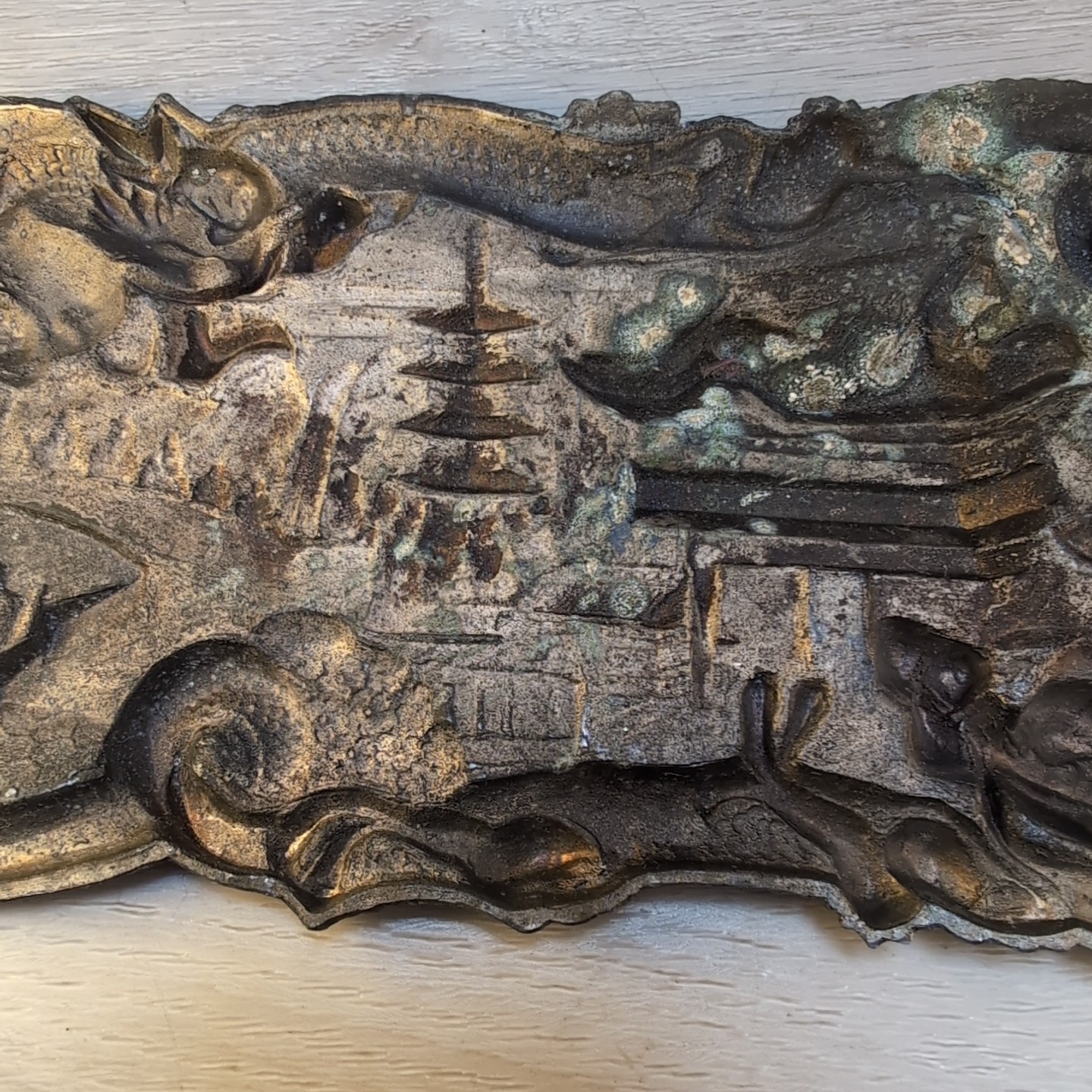 Antique Chinese Dragon Repousse Metal Tray Plaque Wall Art Jewelry Box Lid 7″x4″