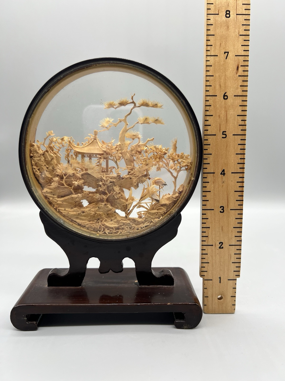 Vintage Chinese Cork Carving Encase Round Diorama Pagoda Trees Cranes 7″
