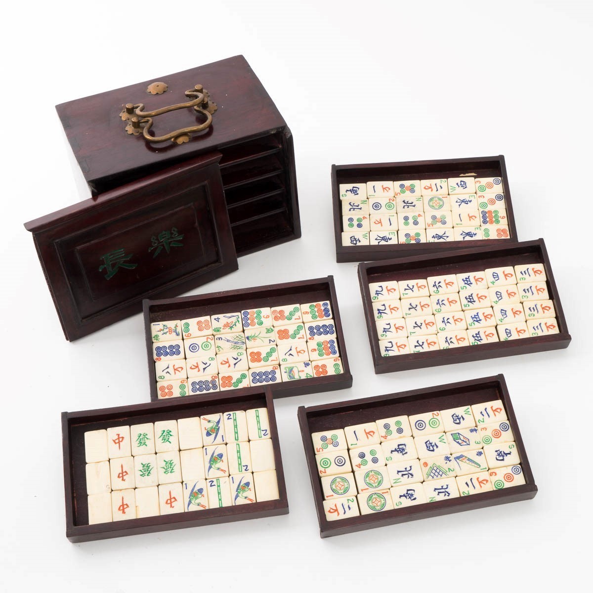Antique 1920s Chinese Mahjongg Game Set Wood Case with Drawers 120 Painted Tiles