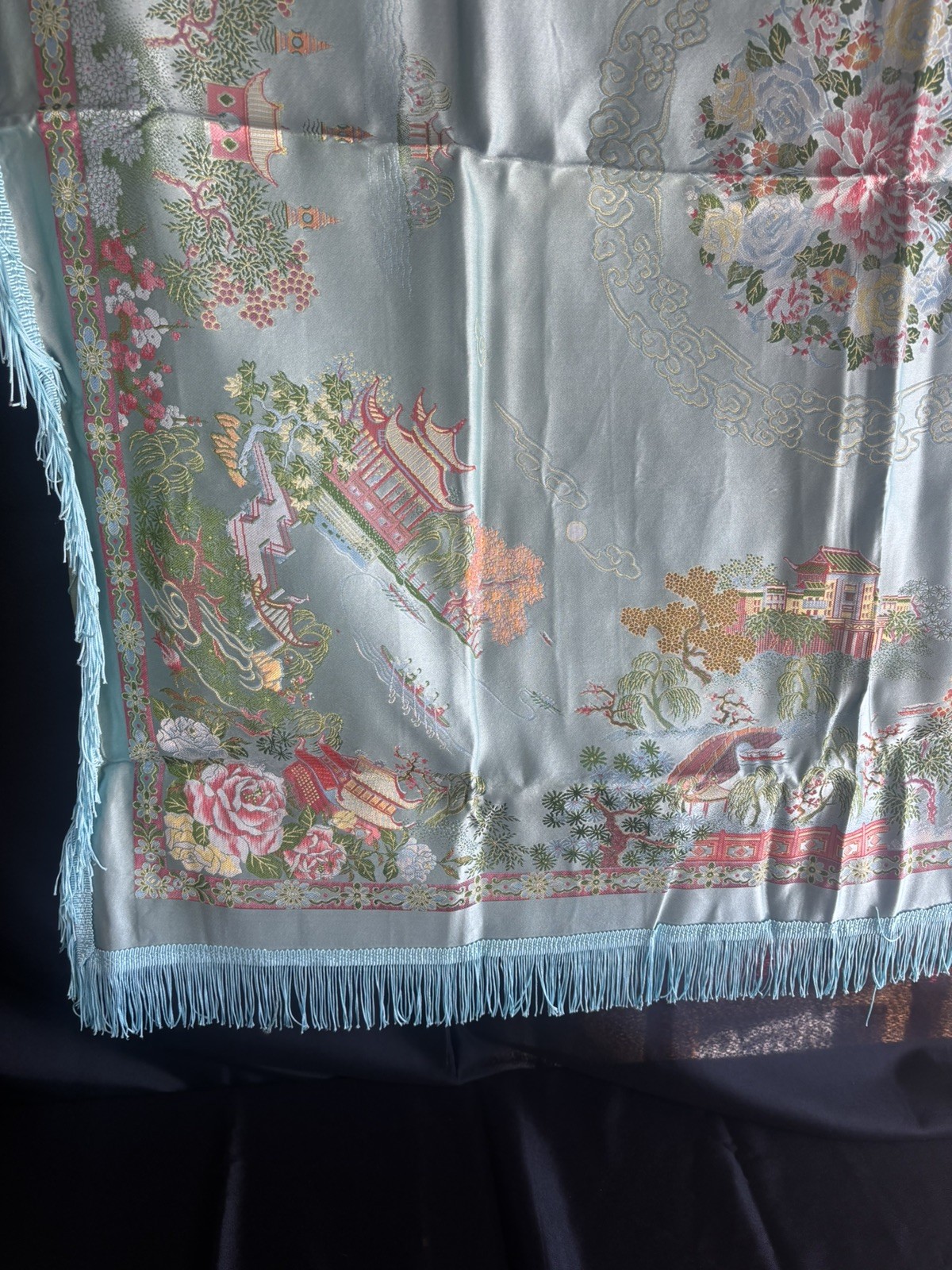 Vintage Silk Brocaded Flowers China Tapestry Table Cloth Box Bright Blue Fringe
