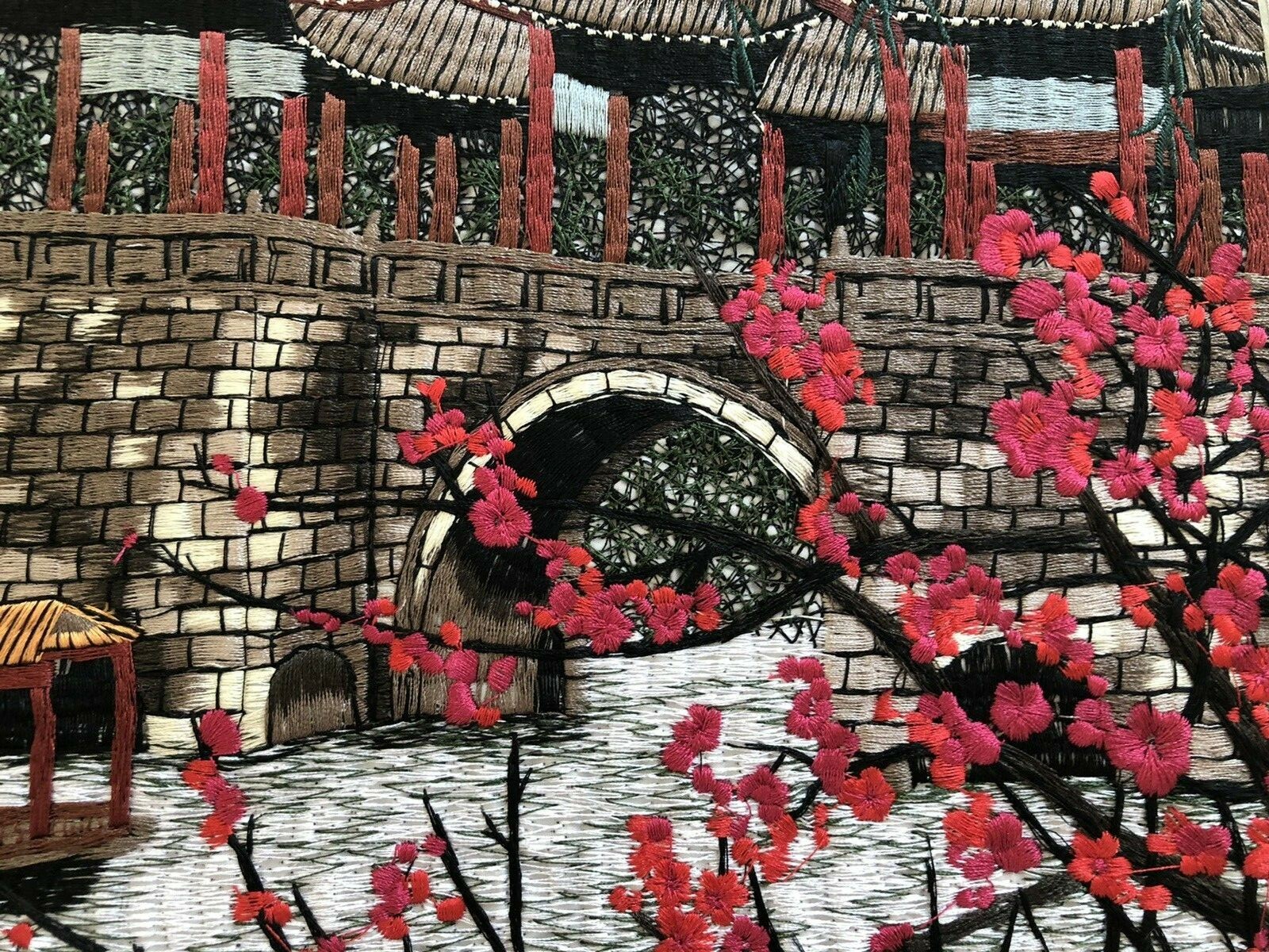 Asian Oriental Chinese Silk Hand Needlepoint Art With Silk Brokade Chinese NEW