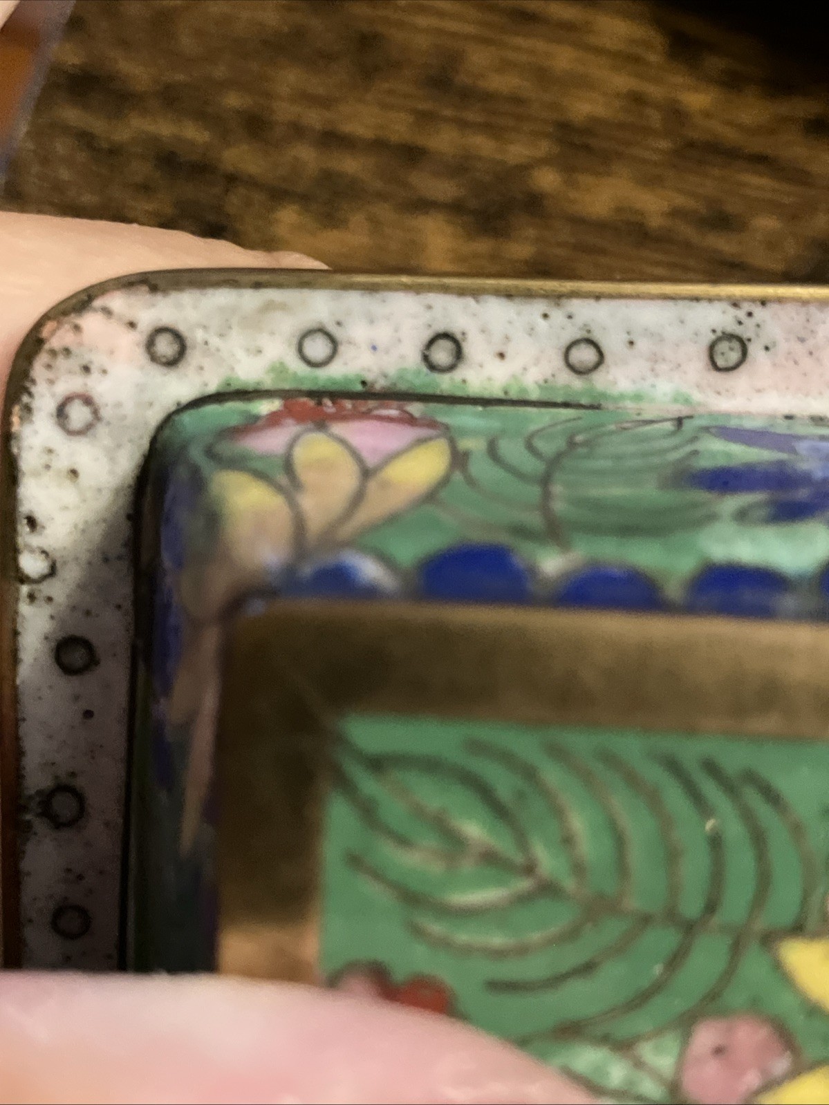 Vintage Chinese Cloisonne Enamel Brass Metal trinket or cache Box w/Lid 3.5×4.5