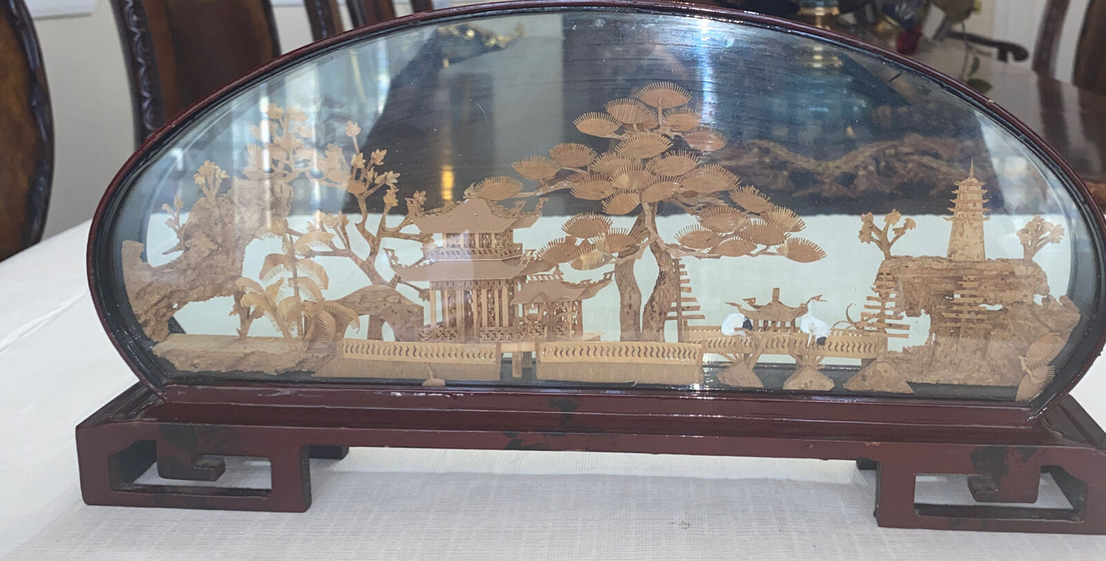 Vintage Large Chinese Cork Art In Glass Box Birds Garden Soothing Scenery 14” L