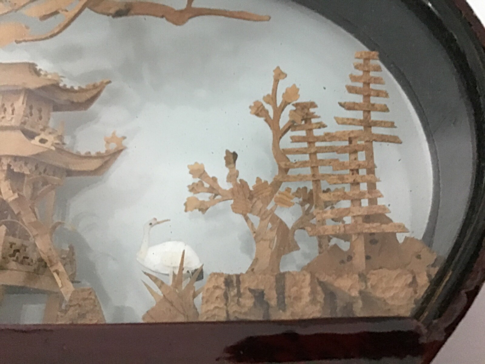 VINTAGE-FUJIAN HAND CARVED CORK DIORAMA ART GLASS WOOD FRAMED PICTURE